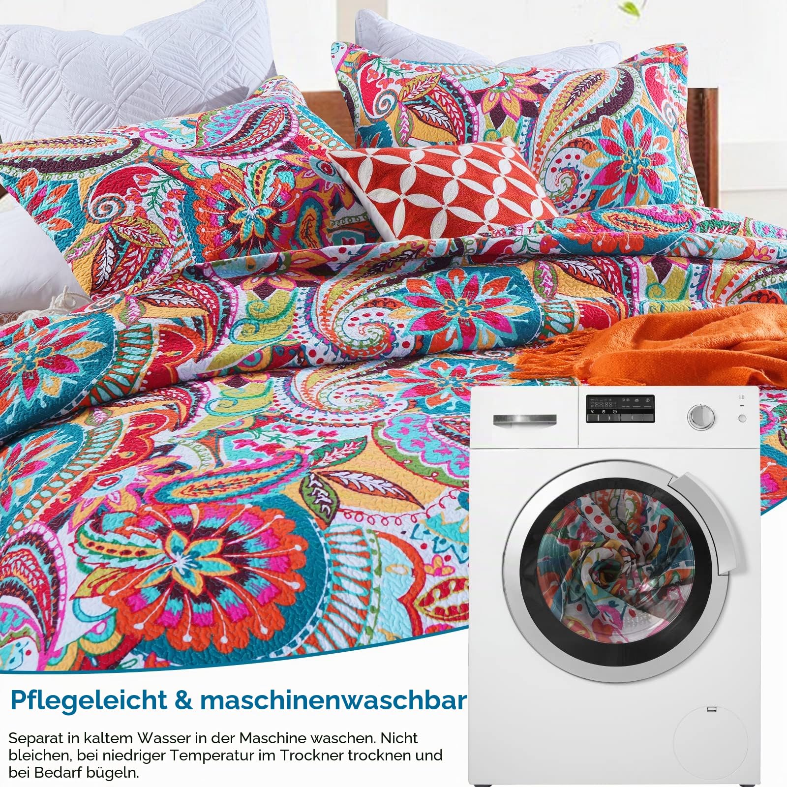 Qucover Tagesdecke 220x240cm Baumwolle Blumen Paisley Bettüberwurf 230x250cm Steppdecke mit 2 Kissenbezug Wendedecke Ganzjahresdecke für Doppelbett (Rot-grüne Blume, 230x250cm)