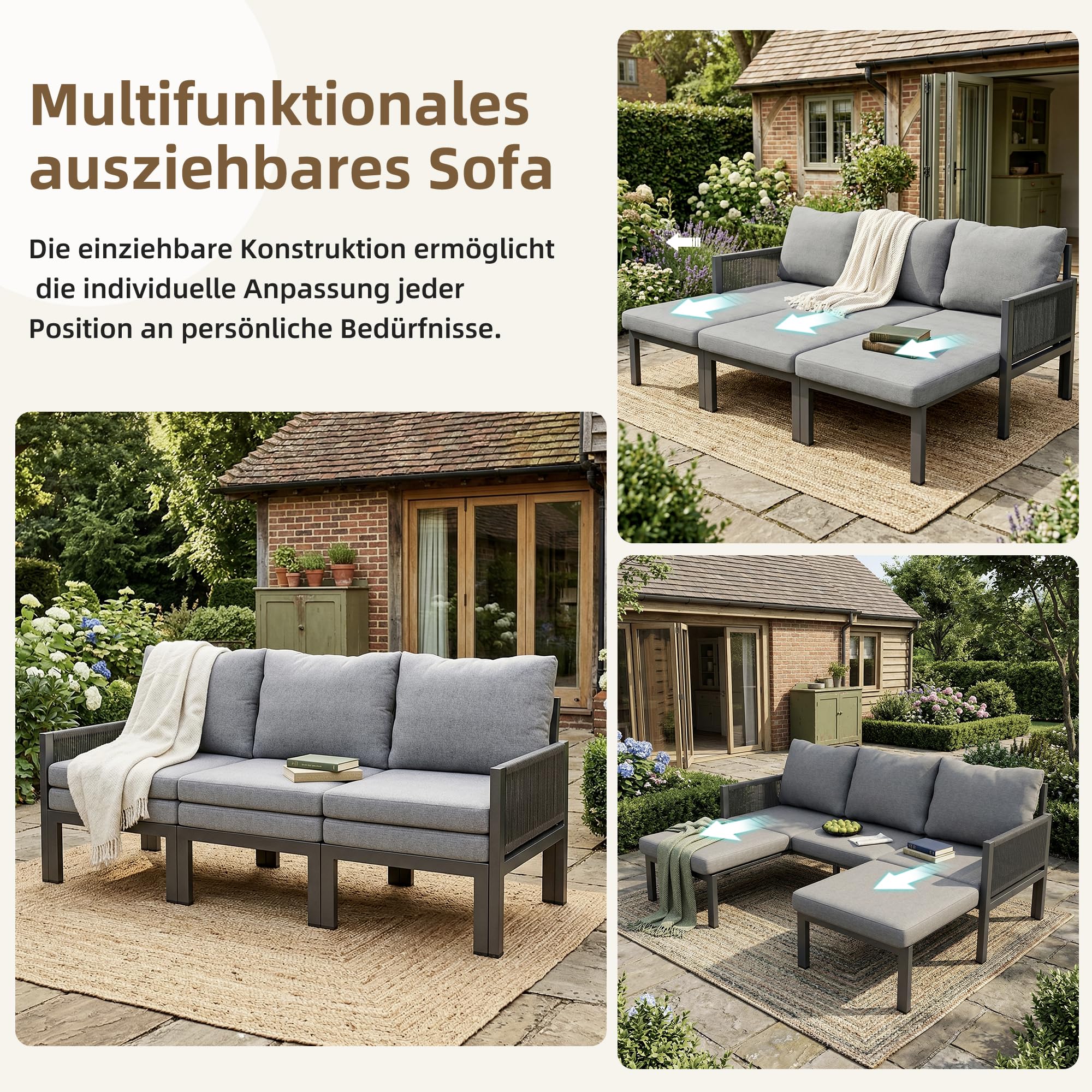 Gartenmöbel-Set, Outdoorsofa, 3-Sitzer-Sofa, Multifunktionales Sofa, lässt Sich in einen Liegesessel verwandeln, verzinktes Eisen (Grau)