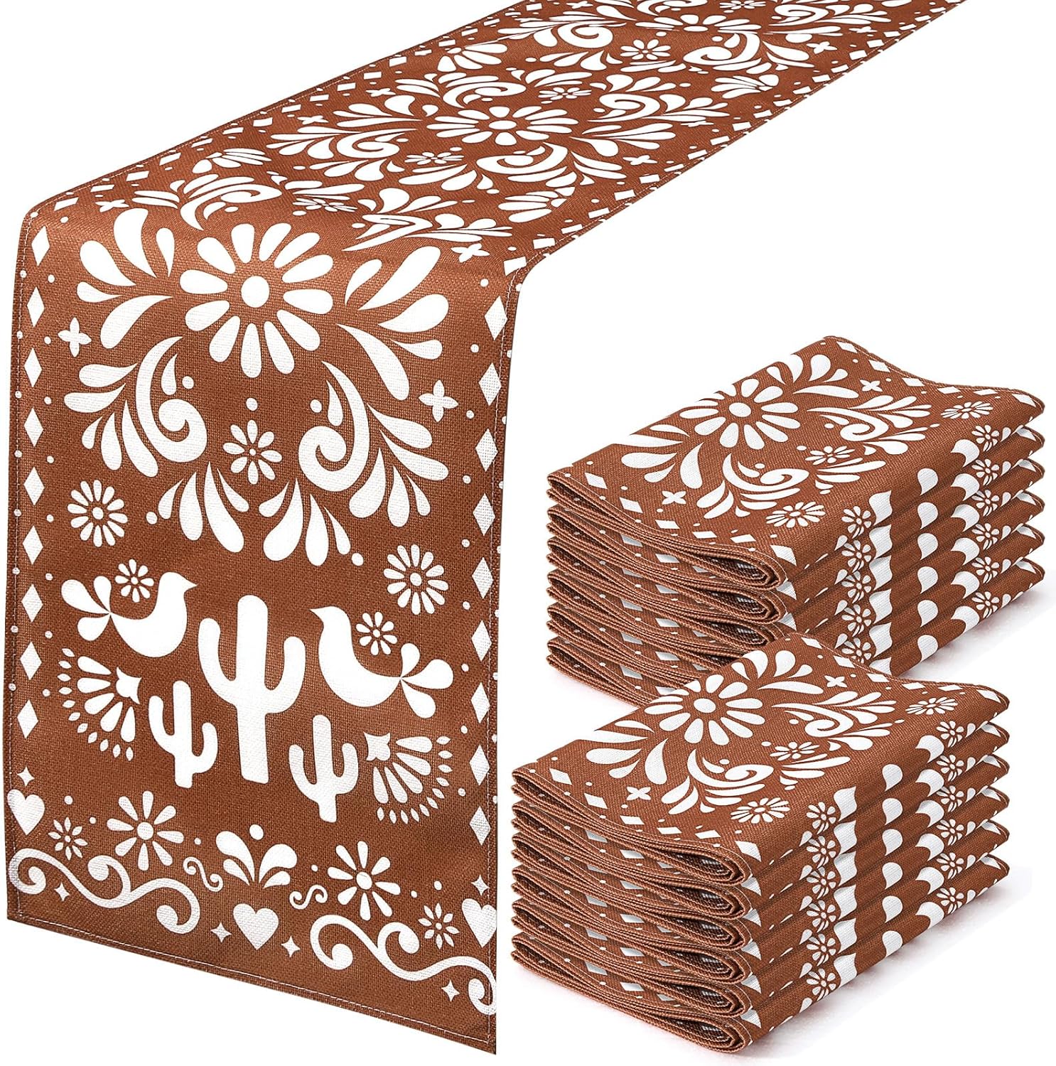 12 Pcs Mexican Talavera Cielito Lindo Table Runner 71 x 13'' Linen Baby Shower Home Decor Traditional Cinco De Mayo Dia De Los Muertos Day of The Dead Fiesta Party Decoration Supplies (Brown)