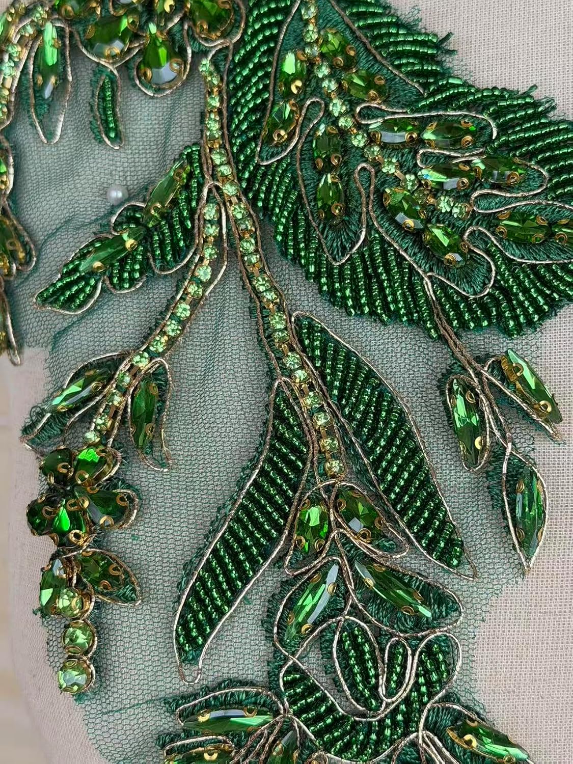 2Pcs Green Rhinestone Beaded Applique, Handmade Leaf Crystal Lace Patch for Prom Dress, Wedding Gown, Dance Costume, Sewing DIY Accessory