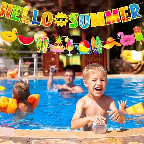 Miniatura 8 de Pancartas de Hello Summer para fiestas de cumpleaños, decoraciones para fiestas en la piscina, carteles para letreros de sol, cumpleaños, playa,