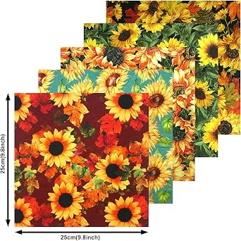 Quilting Fabric 100% Cotton Craft Fabric Bundle Squares Fat Quarters Multicolored for Patchwork DIY Sewing Scrapbooking (10 Pieces, Sunflower, 25x25cm)