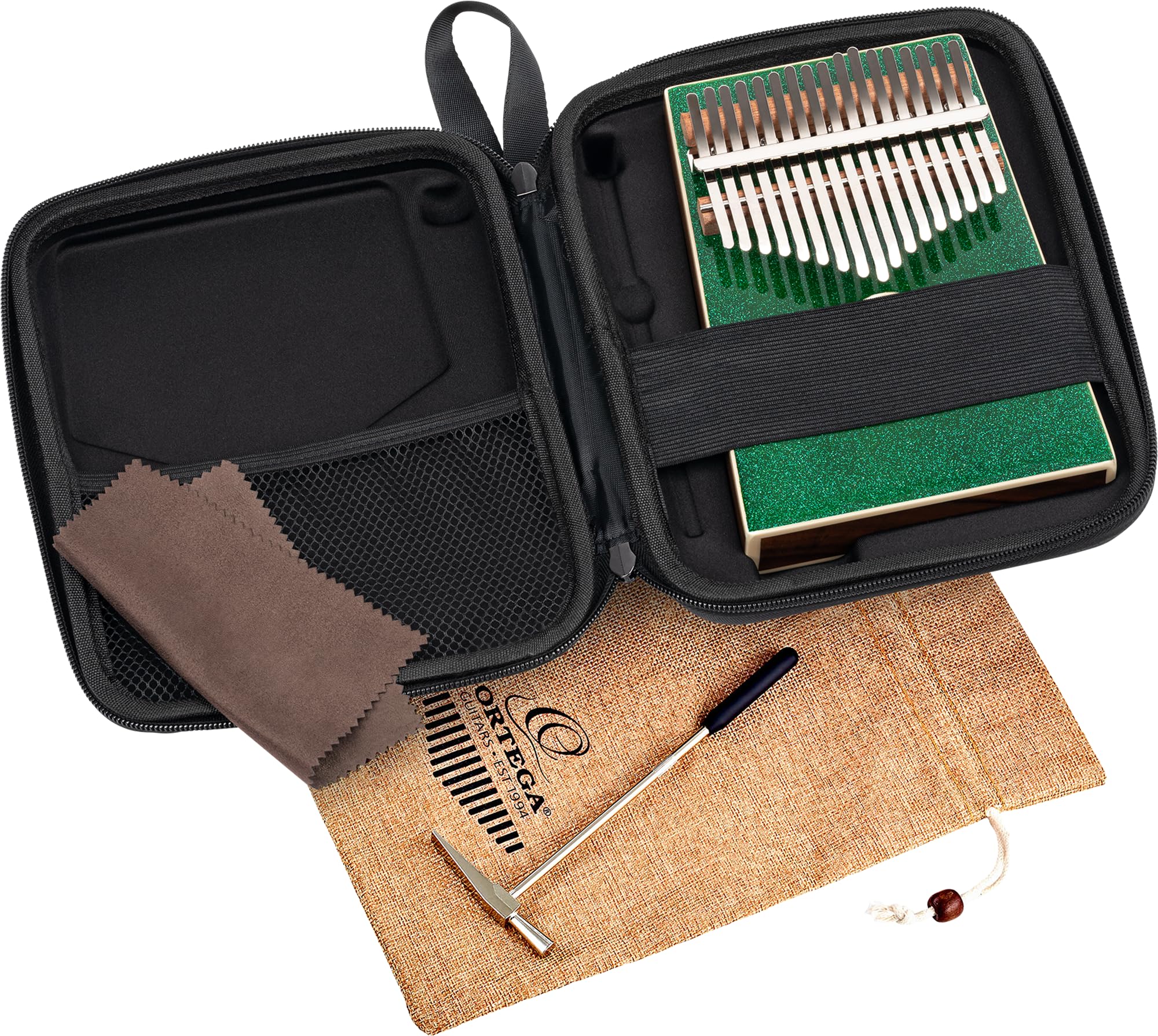 Ortega Guitars Kalimba Do Majeur Acoustique – Percussion Series – Piano à Pouces 17 Lames – Accessoires Inclus – Acacia, Vert avec des paillettes (OKB4-MGR)