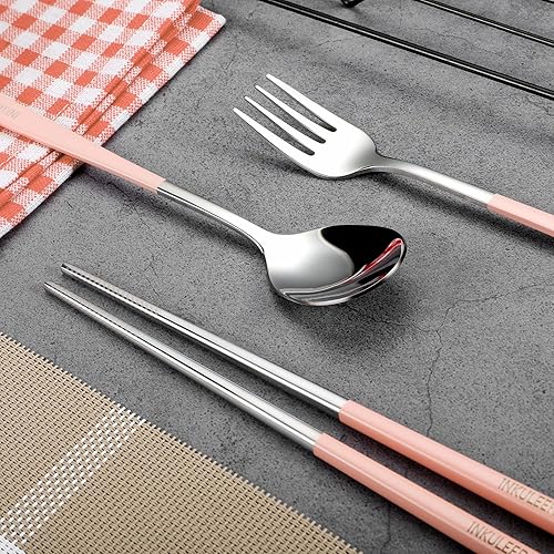 Miniatura 6 de Juego de cubiertos de viaje, cubiertos de acero inoxidable 18/8, juego de utensilios reutilizables con estuche, cubiertos portátiles para lonchera