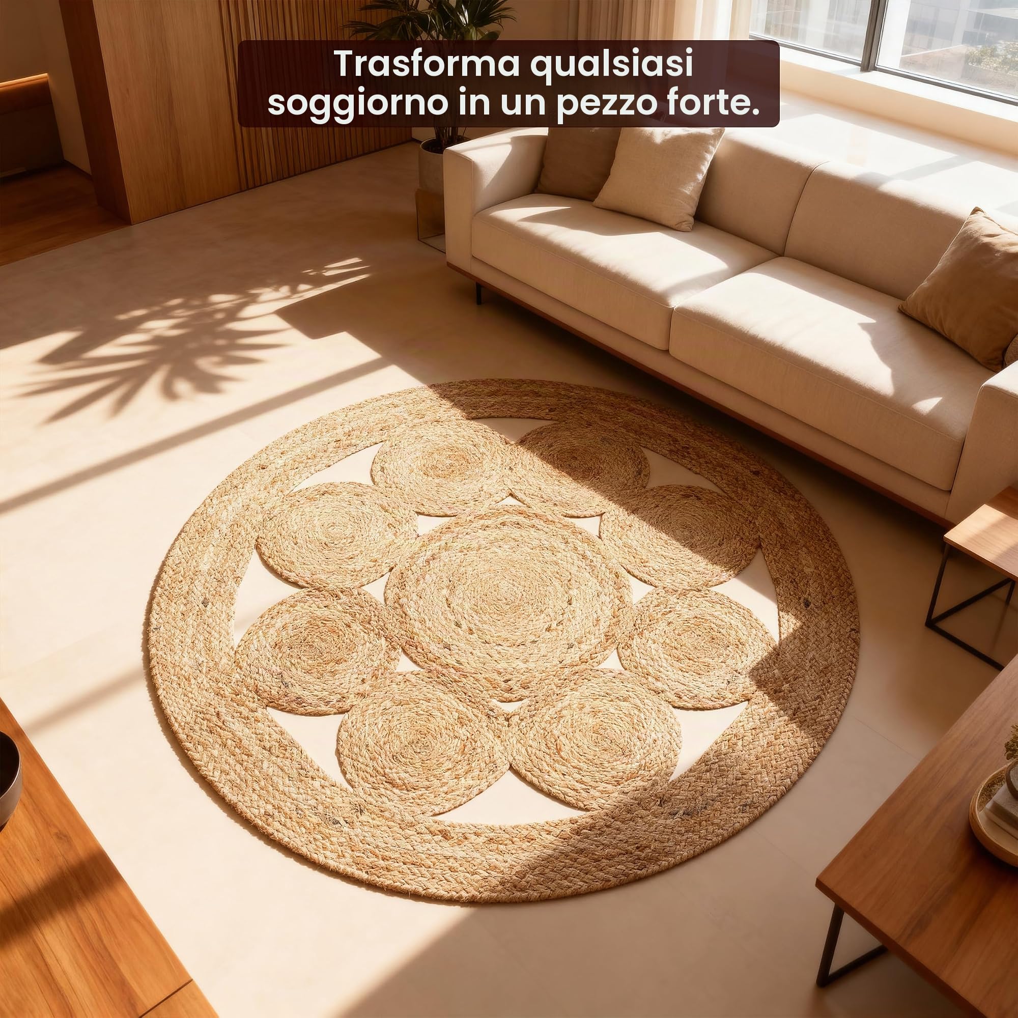 Craft Trade Naturale Lavabile Boho Fiore Tappeto in Iuta Intrecciato a Mano Reversibile Rotondo Tappeto di Juta per Cucina Soggiorno e camera da Letto- 120 cm