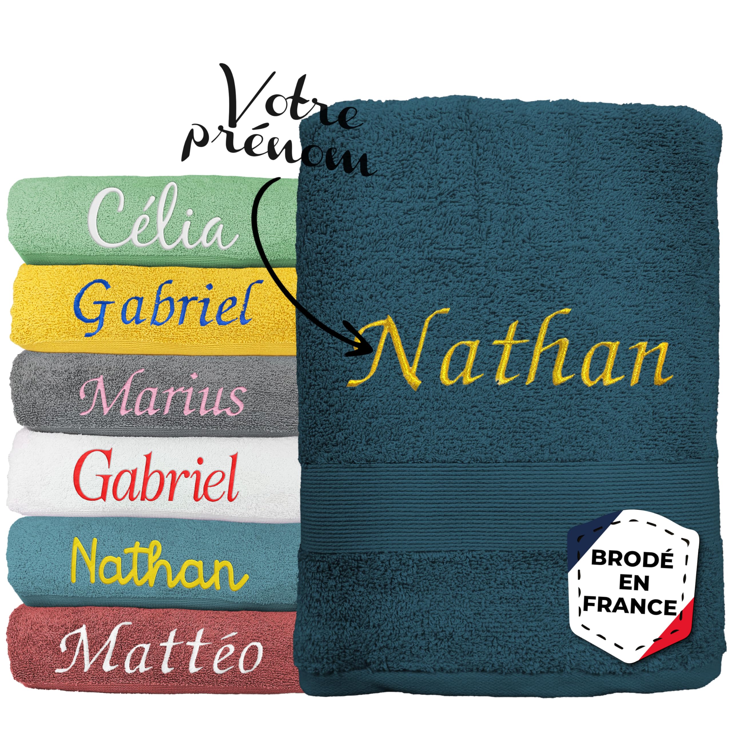 Serviette personnalisée 100% Coton Prénom brodé Drap de Bain Douche 70x130cm Bleu Nuit Cadeau Noël Anniversaire