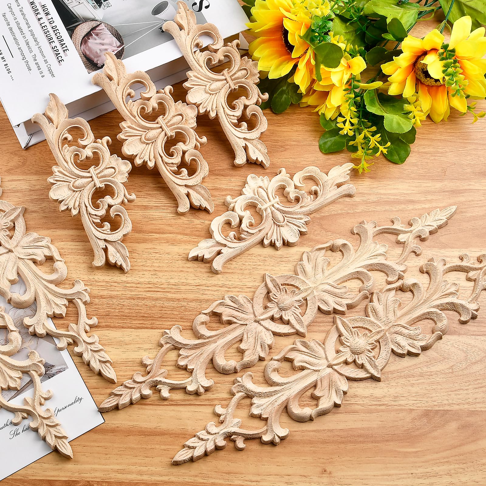 Supkiir 16Pcs Wood Appliques, Carved Unpainted DIY Decorative Wooden Applique Trim Decal Wood Embellishments for Furniture Cabinet Dresser Bed Wall 2 Sizes