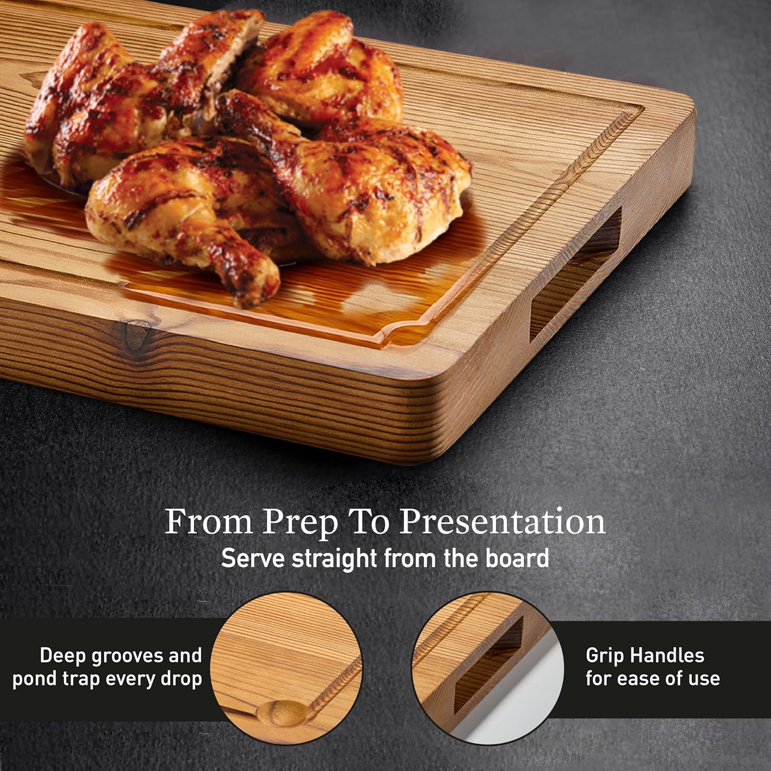 Cutting Board for Kitchen – Wood Cutting Board, Dishwasher Safe & Non Toxic Butcher Block, Cutting Boards with Juice Groove & Handles, Charcuterie Board – 11" x 17" x 1.75" (Pyrowood) - Image 5