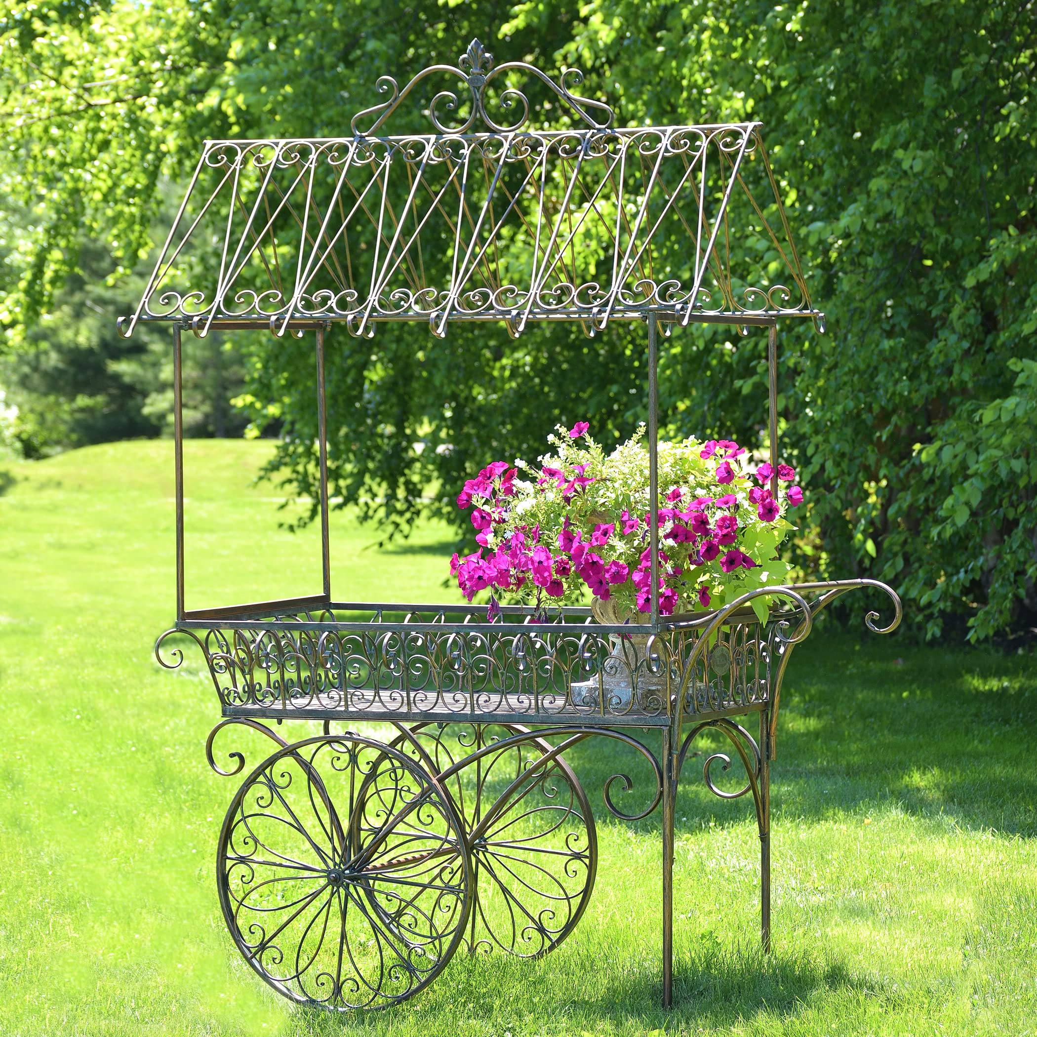 Large Flower Cart with Roof and Moving Wheels (Antique Bronze