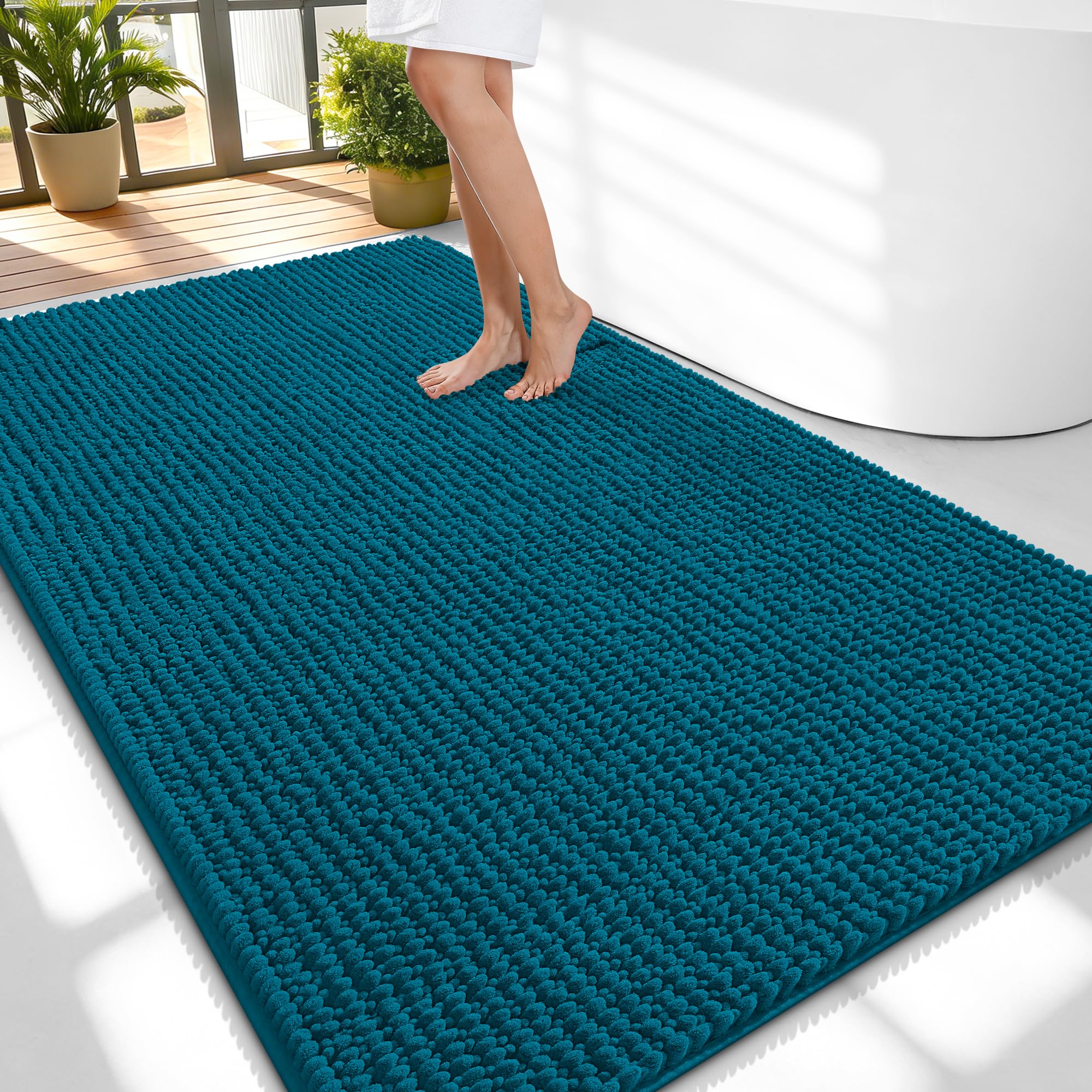 OLANLY Thick Chenille Large Bathroom Rugs Mats 59x35, Peacock Blue
