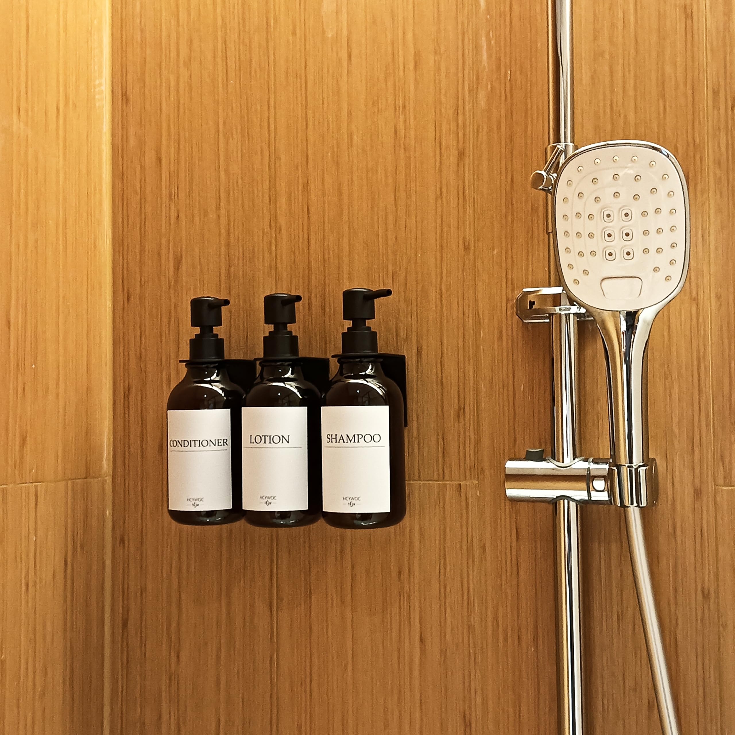 3 Pezzi Dispenser Sapone Bagno a Muro, 500ml Dispenser Sapone Senza Foratura, Con 16 Etichette Impermeabili, Per Bagno Cucina Shampoo Balsamo Bagnoschiuma - Ambra