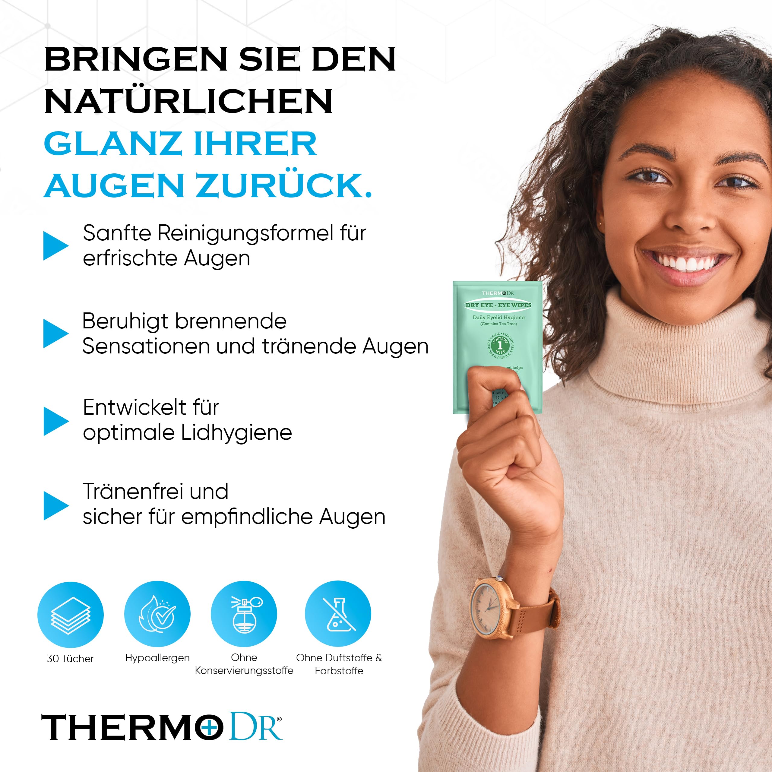 Feuchte Reinigungstücher für Trockene Augen - Tränenfrei & Duftstofffrei, Teebaumöl Augen Pads für erfrischte strahlende Augen - Augen Cleaning Wipes von ThermoDR - 30 Stück