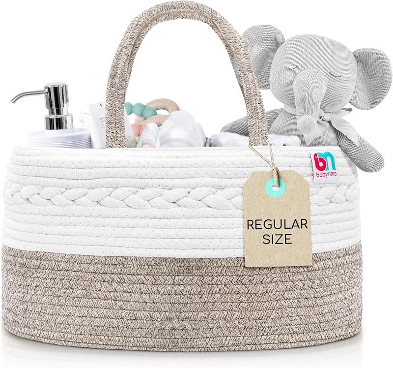 Rope Diaper Caddy - Storage for Baby and Toddler Items - Portable Cotton Organizer Easily Holds Diapers, Wipes, Clothing - Useful for Nursery, Bedroom (Beige, Regular)