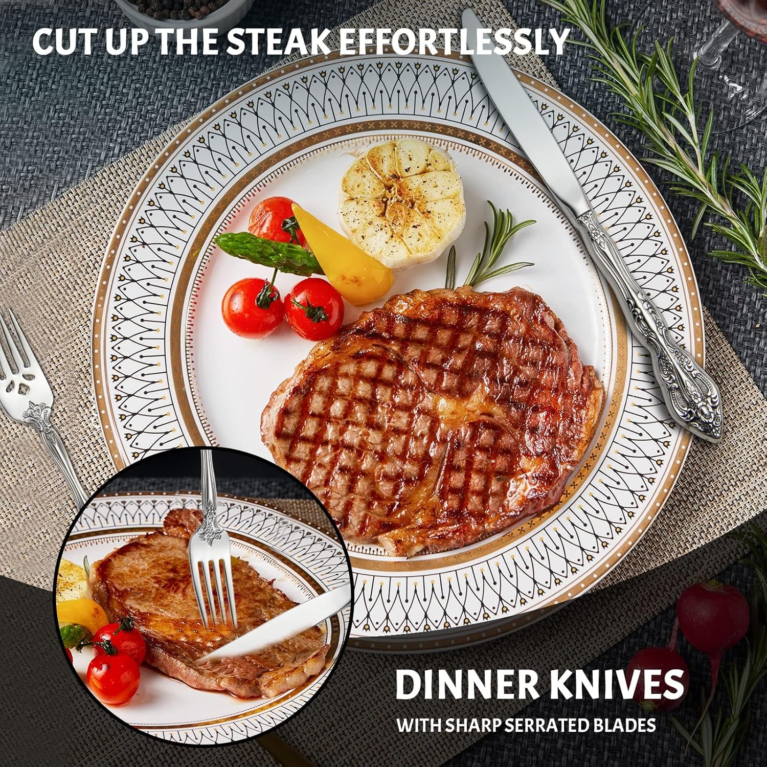 40-Piece Vintage Carved Silverware Set for 8, Stainless Steel Flatware Set with Knife/Fork/Spoon, Cutlery Set for Home and Kitchen,Silver Palace Style Gold Handle, Dishwasher Safe