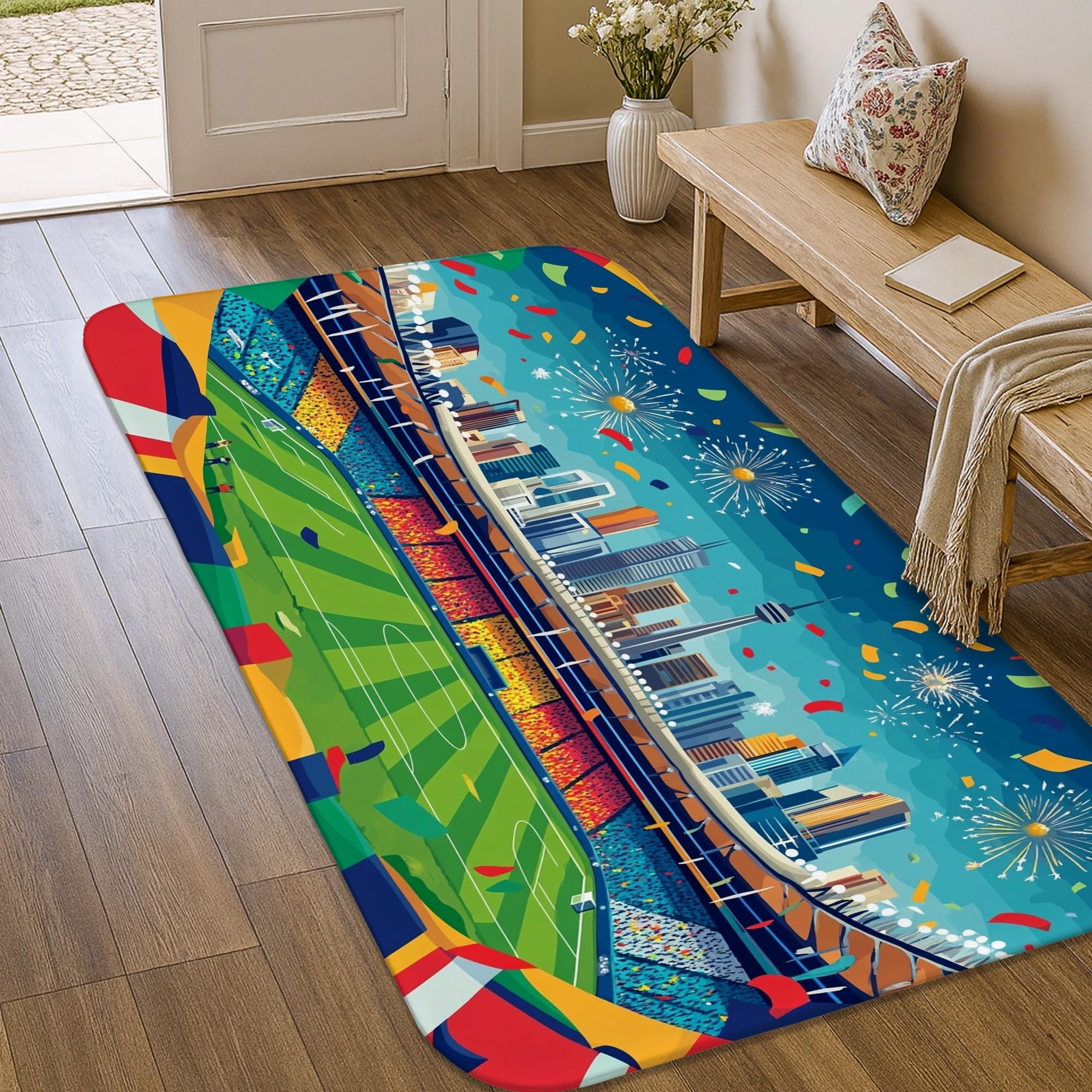 Tapis paysage urbain bleu en poils courts festif et moderne