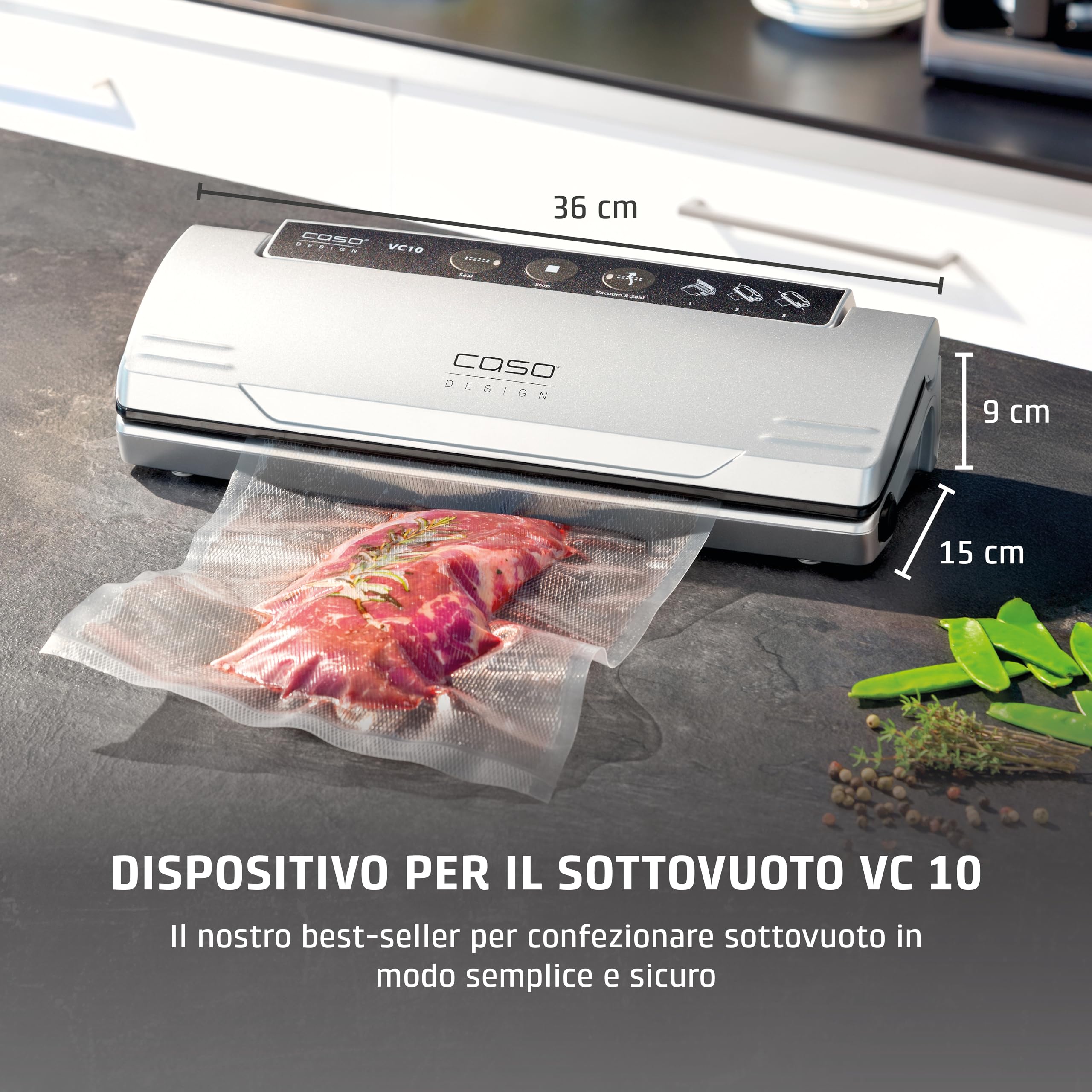 CASO VC 10 - Macchina sottovuoto per alimenti compatta, mantiene gli alimenti freschi fino a 8 volte più a lungo, sigillatura stabile fino a 30 cm, inclusi 10 sacchetti professionali - argento