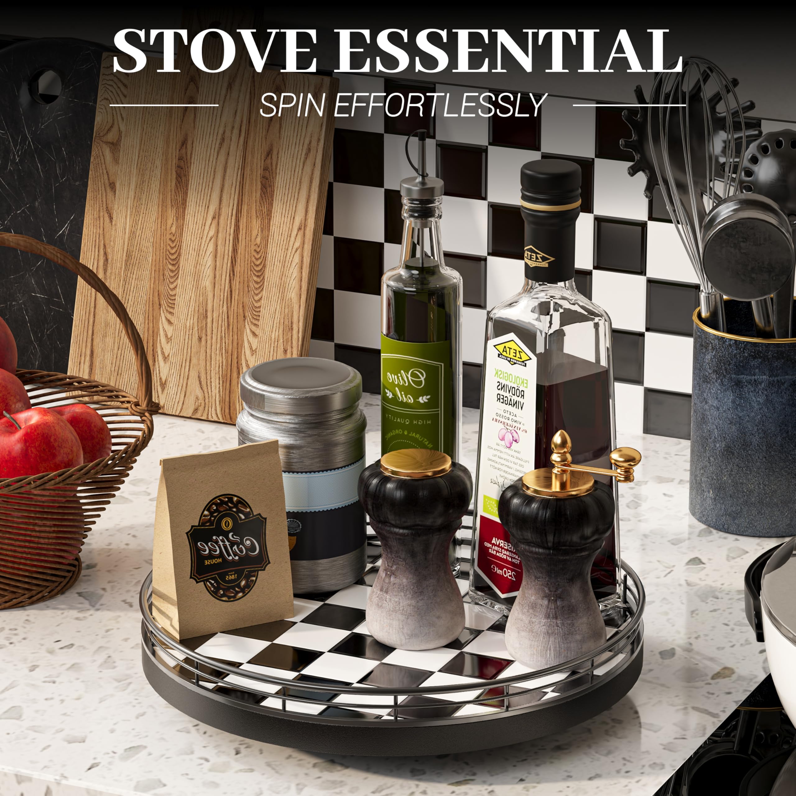 Organizador Lazy Susan de 10.2 pulgadas de tablero de ajedrez blanco y negro, bandeja giratoria con base de roble, marco de hierro y azulejos de cerámica, perfecto para mesa de comedor, armario de 3