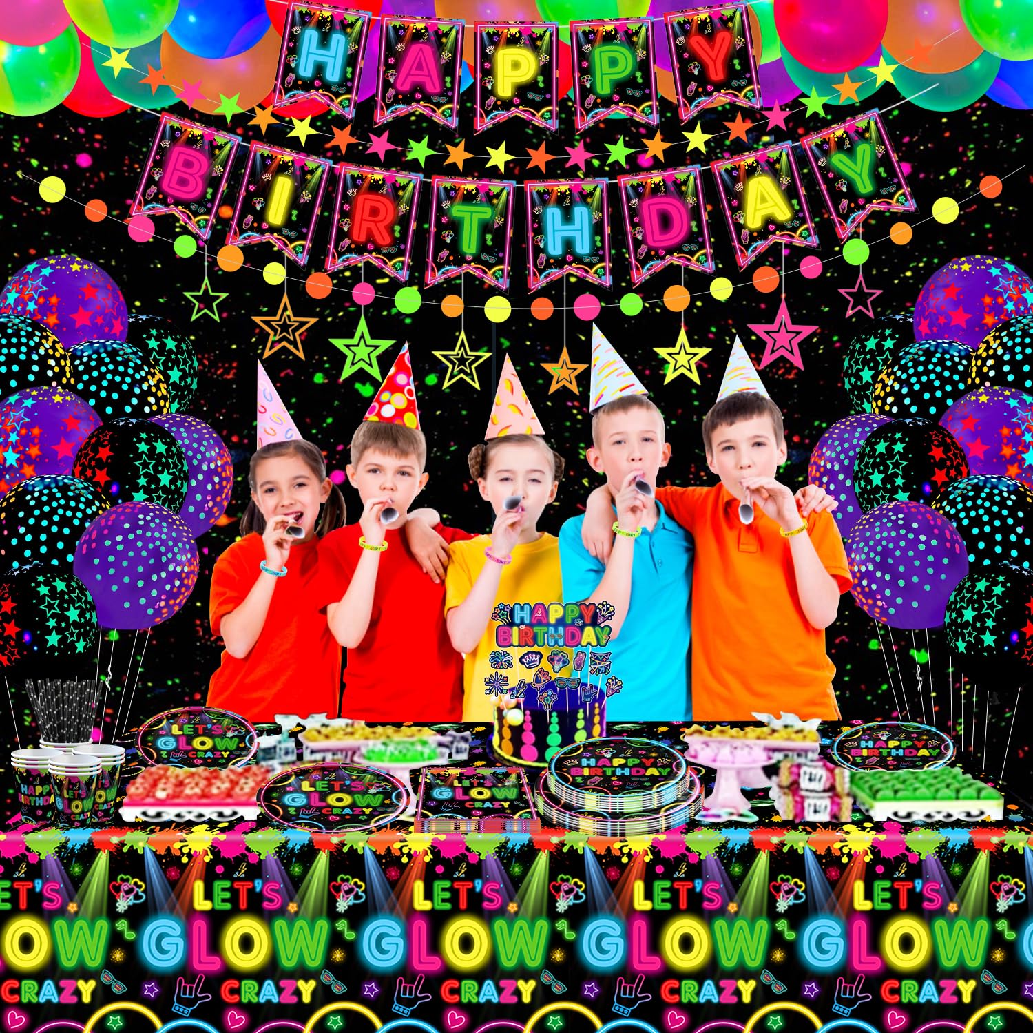 163-teiliges Neon-Party-Set – Geschirr, Deko & Ballons Für 20 Gäste, Leuchtet Im Dunkeln