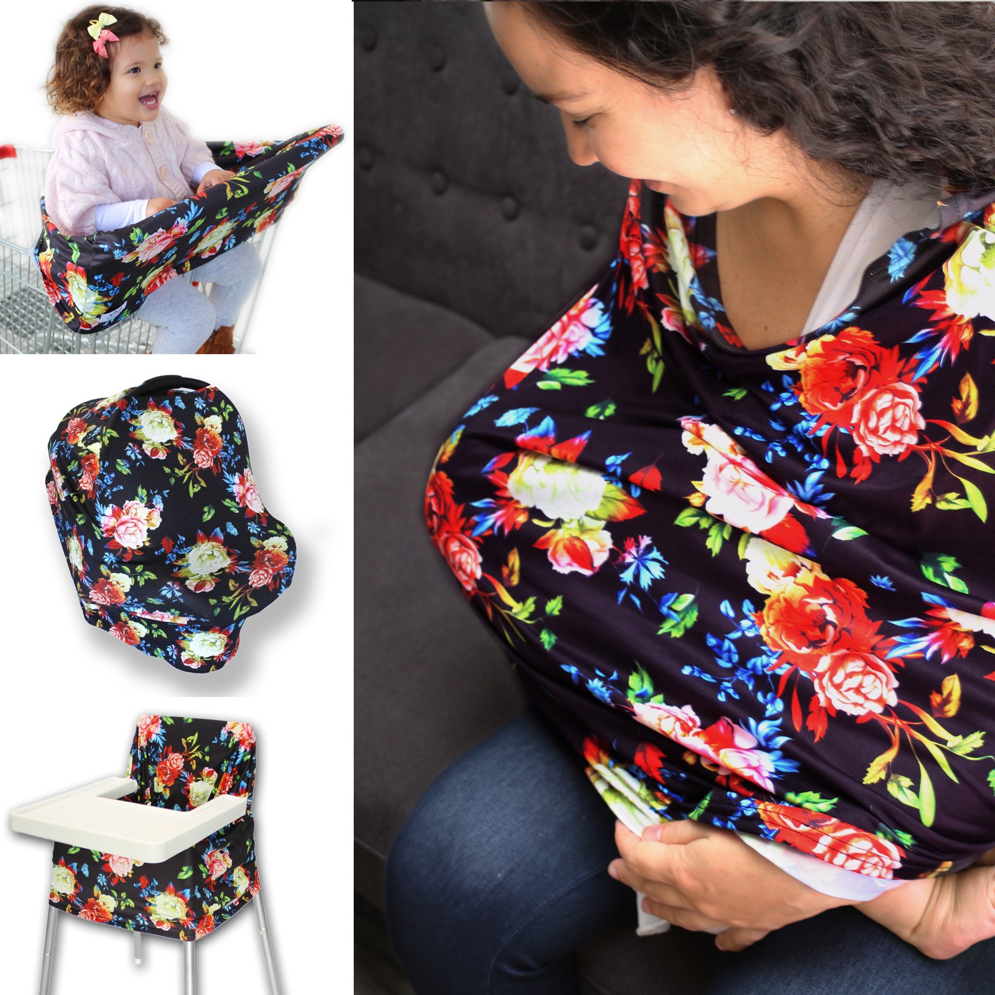 Multi-Use Nursing Cover and Infinity Scarf | Stretchy, Cotton Breastfeeding Covers & Scarves | Car Seat Cover & Canopy | Cart and Highchair Covering | Black & Roses Baby Car Seat & Shopping Cart Cover