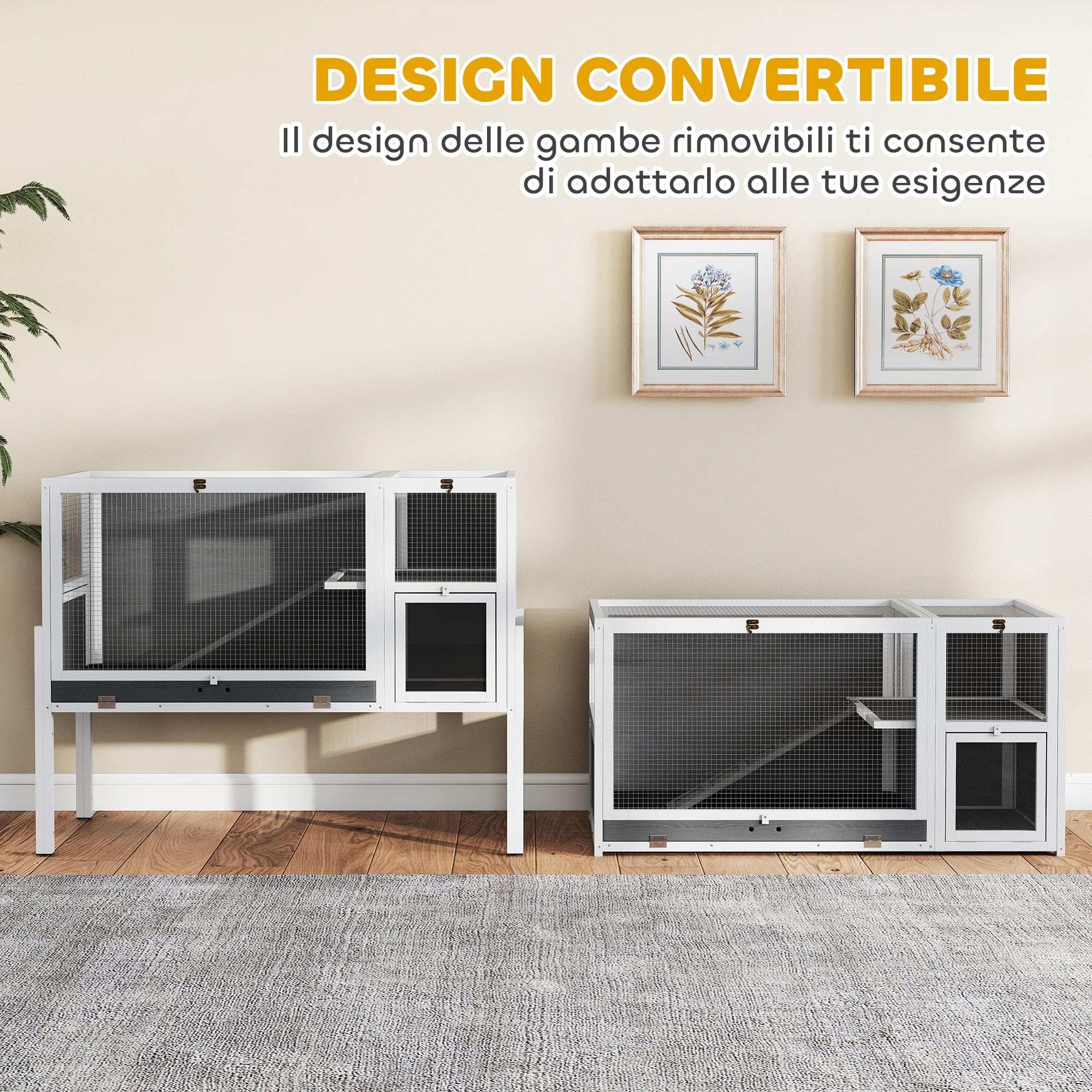 PawHut Gabbia per Conigli da Interno Convertibile, Conigliera in Legno Rialzata con Vassoio Estraibile e Tetto Apribile, per Criceti, Criceti Siriani, Gerbilli e Porcellini d'India, Grigio