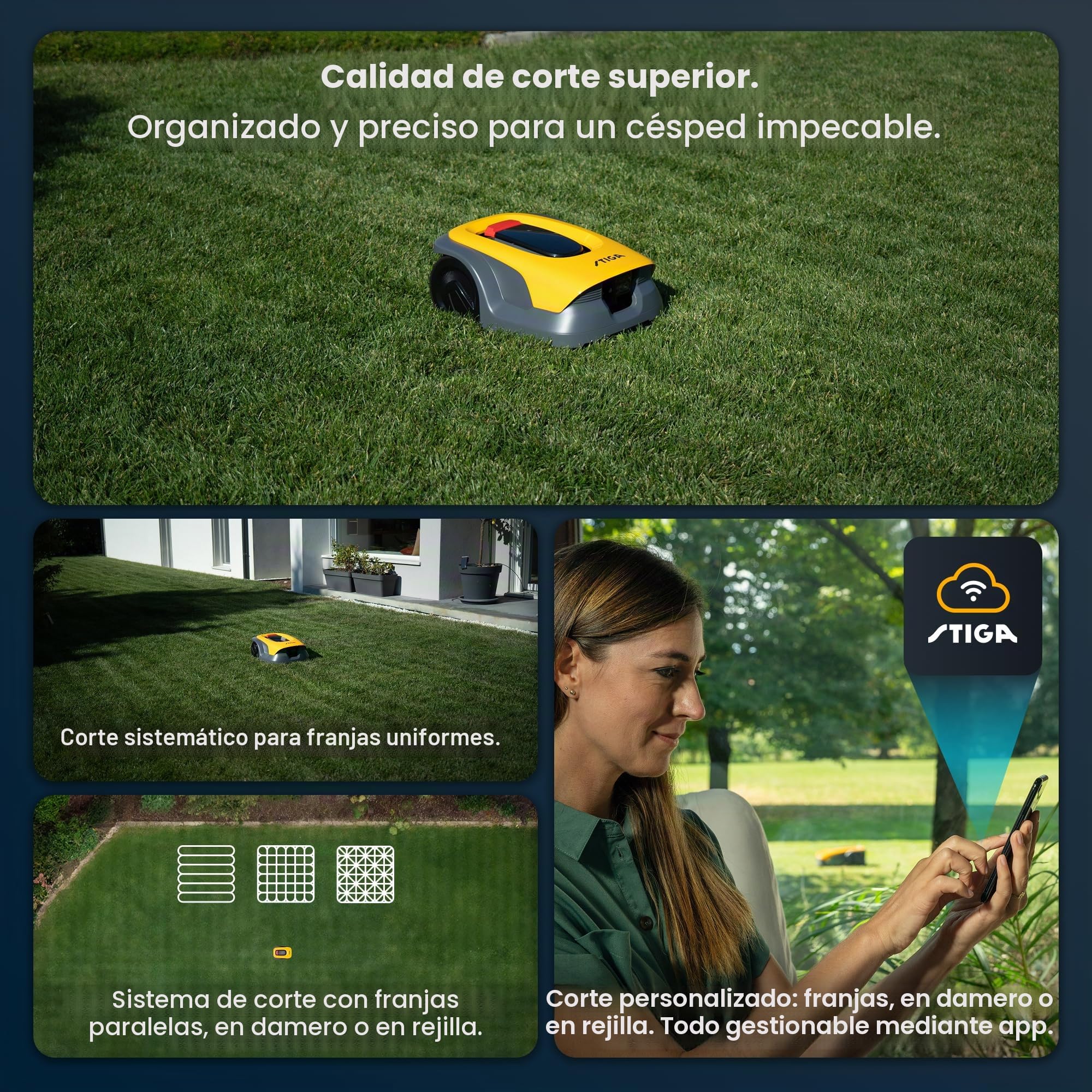 STIGA Una cortadora de césped robótica de 6 V, cámara integrada con IA, sin Cables y sin Antena, controlada por aplicación, Resultados césped con mantillo Diario, Rayas y Patrones de