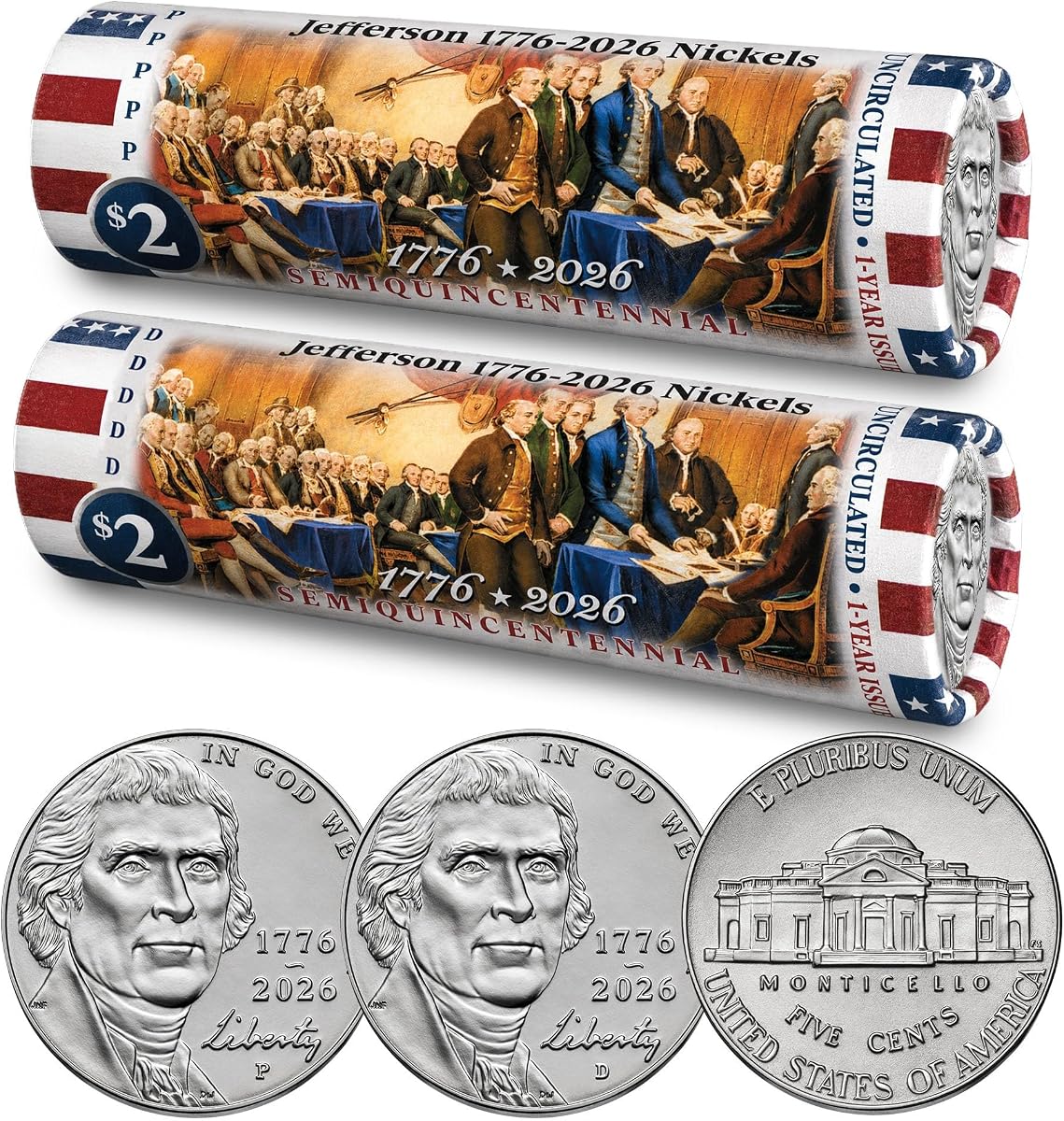 Juego de P y D de 2026 • Rollos de monedas DOI de la Declaración de Independencia de níquel de Jefferson Liberty • América 250.°