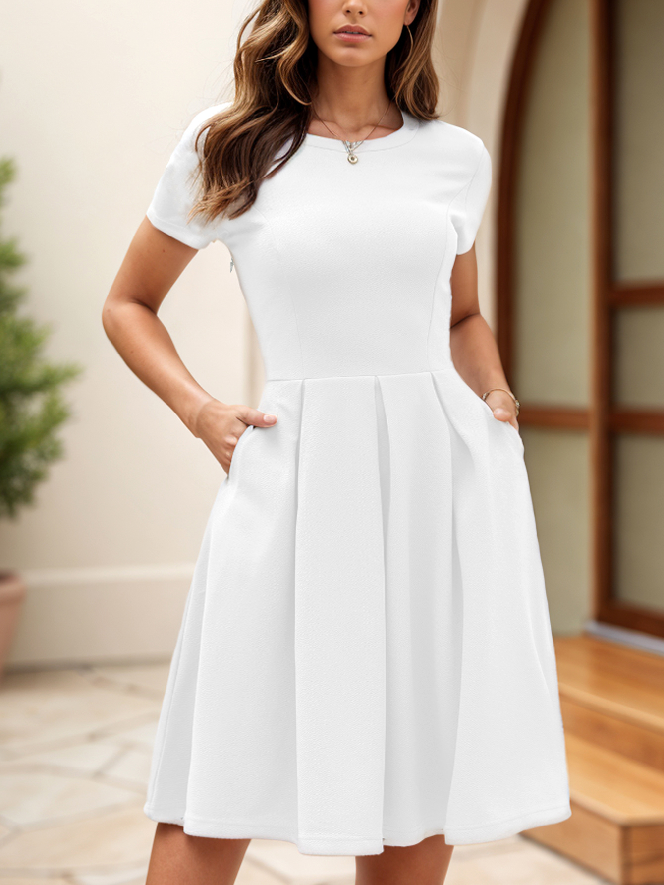 Amazon.com: oxiuly Dresses for Women 2025 Summer Business Casual Office  Work Professinal Classy Short Sleeve Pleates High Waist A Line Scope Neck  Vintage Dress S253 Beige Solid S : Clothing, Shoes &