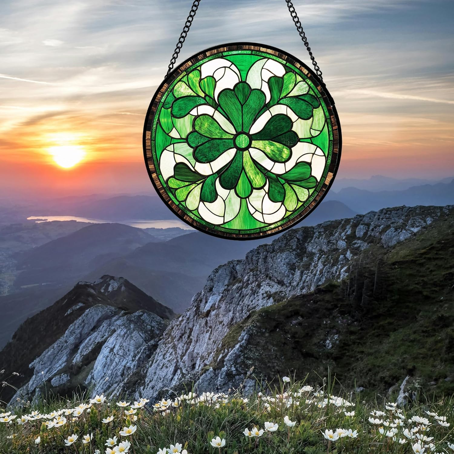 Stained Glass Window Hanging White Green Decoration 6.3" - Suncatcher Door Garden Sun Catcher Ireland Decor Birthday Mother's St. Ripack's Day Gift for Woman Mom Men Friend Nana Wife