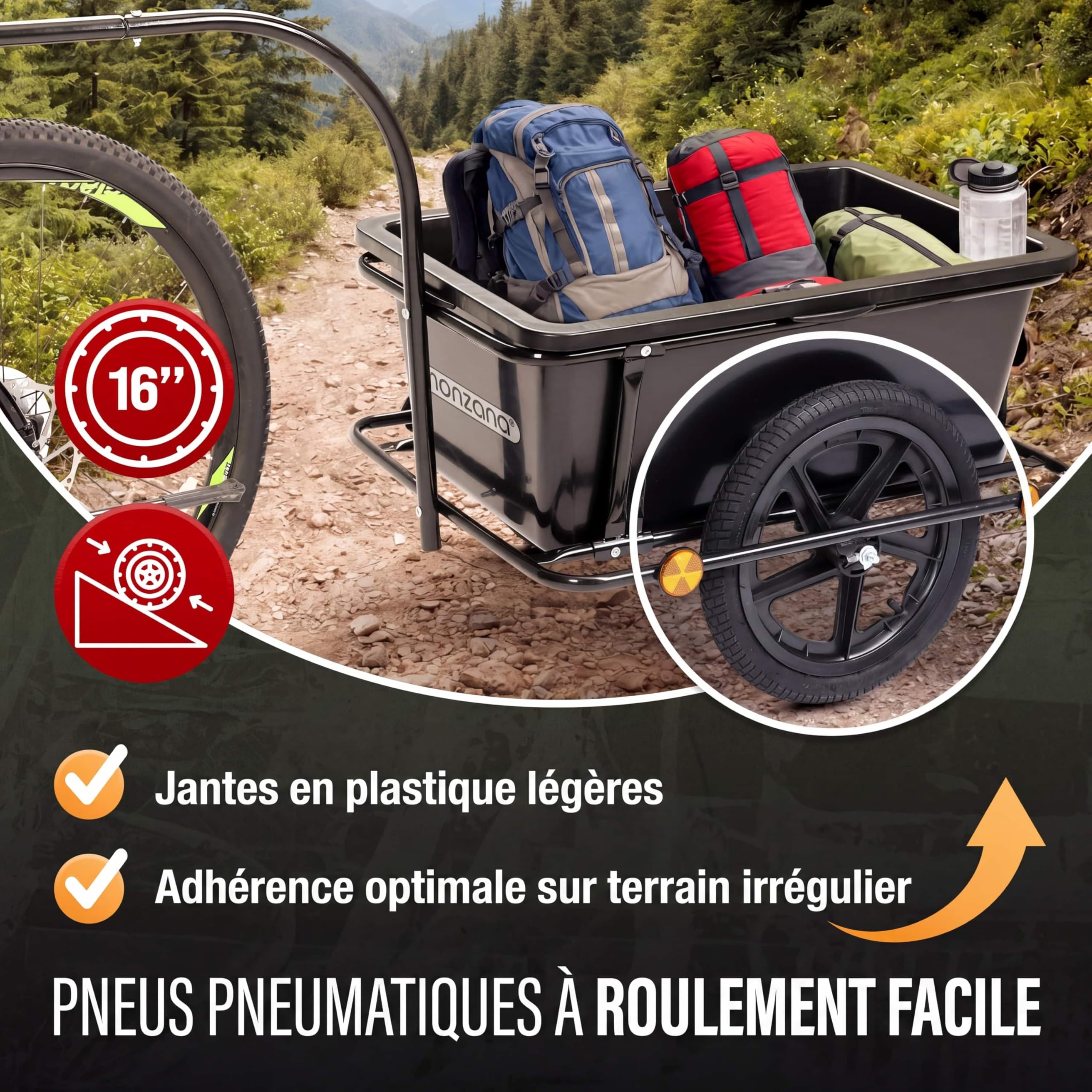 MONZANA Remorque Vélo Cuve 90L Amovible Bâche Barre Attelage Rotatif Réflecteurs Transport Chariot 80kg