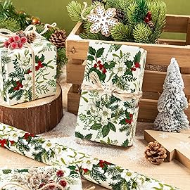 WRAPAHOLIC 30 Inch Christmas Wrapping Paper - 30 Inch x 33 Feet - White Floral Wrapping Paper with Green Leaves and Red Berries for Xmas Holiday, Party Celebration