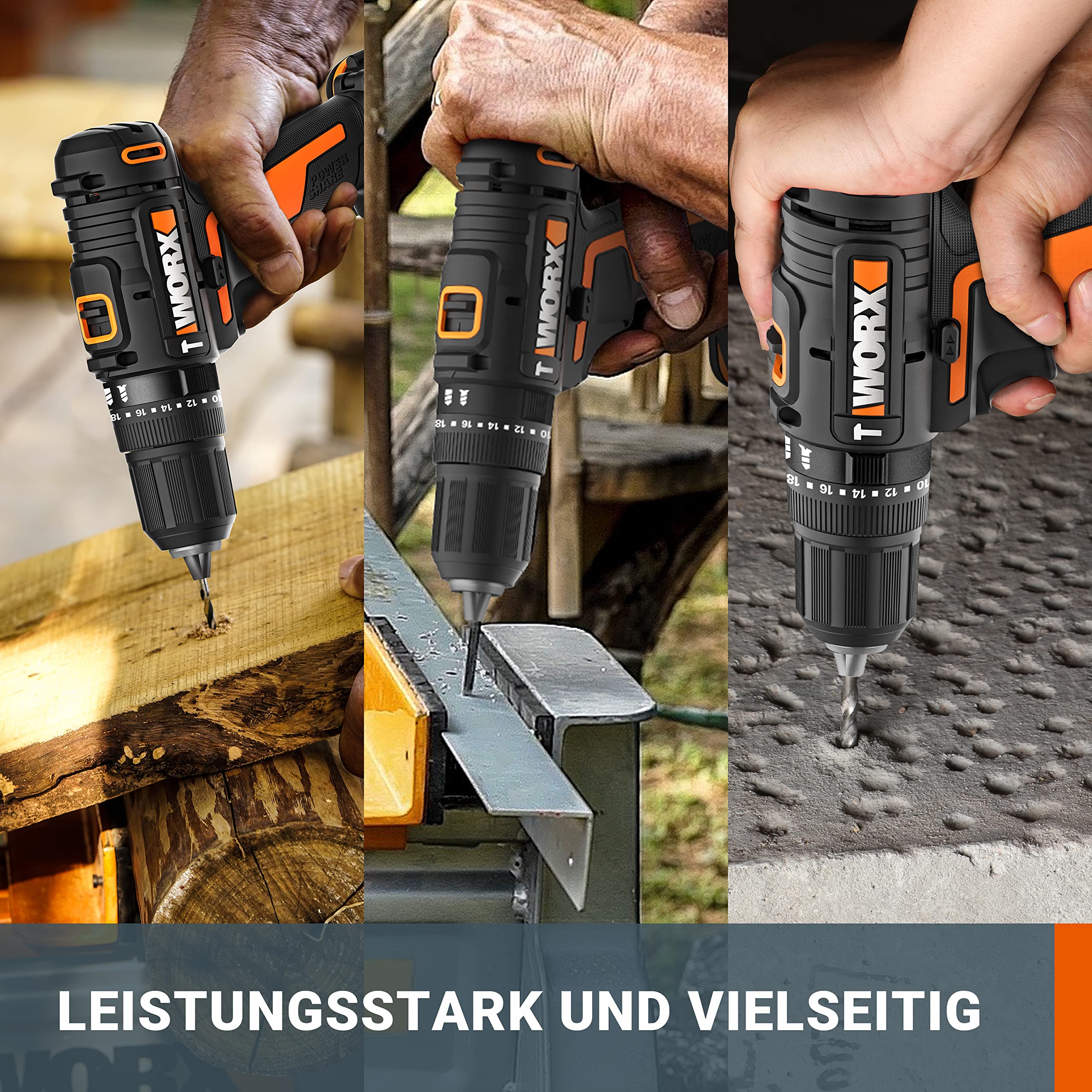 WORX WX370.9 Akku Schlagbohrschrauber 20V - 50Nm, 2-Gang-Getriebe & LED-Licht - zum Schrauben, Bohren & Schlagbohren – 20 Drehmomentstufen + Bohrstufe + Schlagfunktion – ohne Akku & Ladegerät