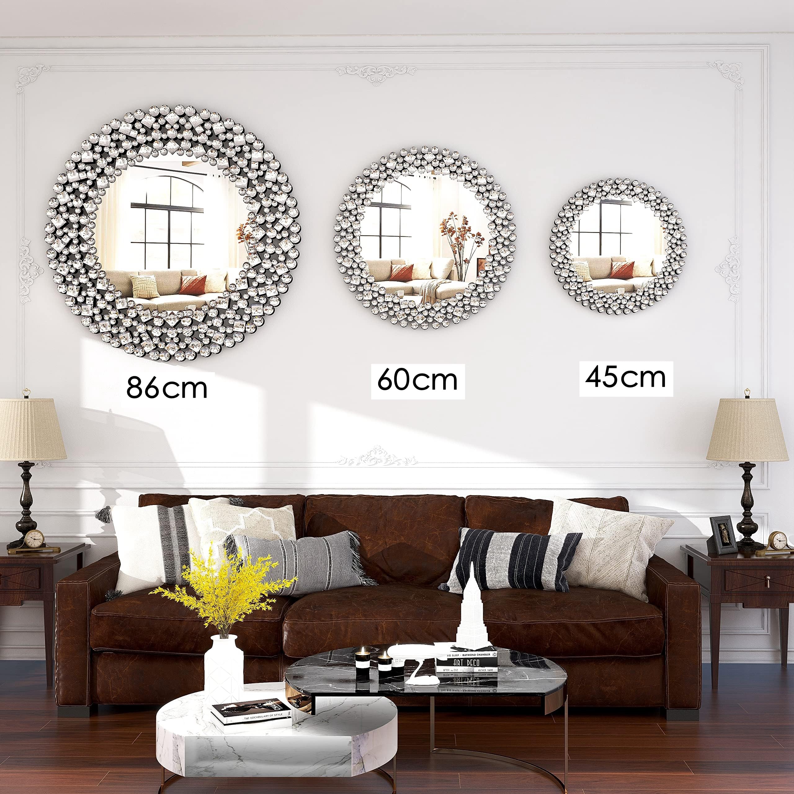 SHYFOY 45cm Runder Spiegel Silber Spiegel Rund Wandspiegel mit luxuriöser Schmuckdekoration für Badezimmer, Waschtisch, Wohnzimmer, Schlafzimmer, Eingang Wanddekoration