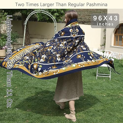 Miniatura 6 de DANA XU Bufanda de manta pashmina extra grande de lana merina 100% para mujer, chal de cachemira para viajes, bufanda floral para otoño e invierno