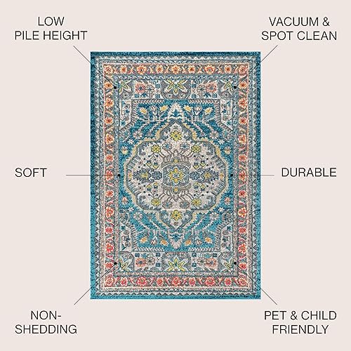 Miniatura 2 de JONATHAN Y Alfombra bohemia para interiores, color azul y amarillo, 8 x 10 pulgadas, medallón bohemio elegante, floral, fácil de limpiar, alto