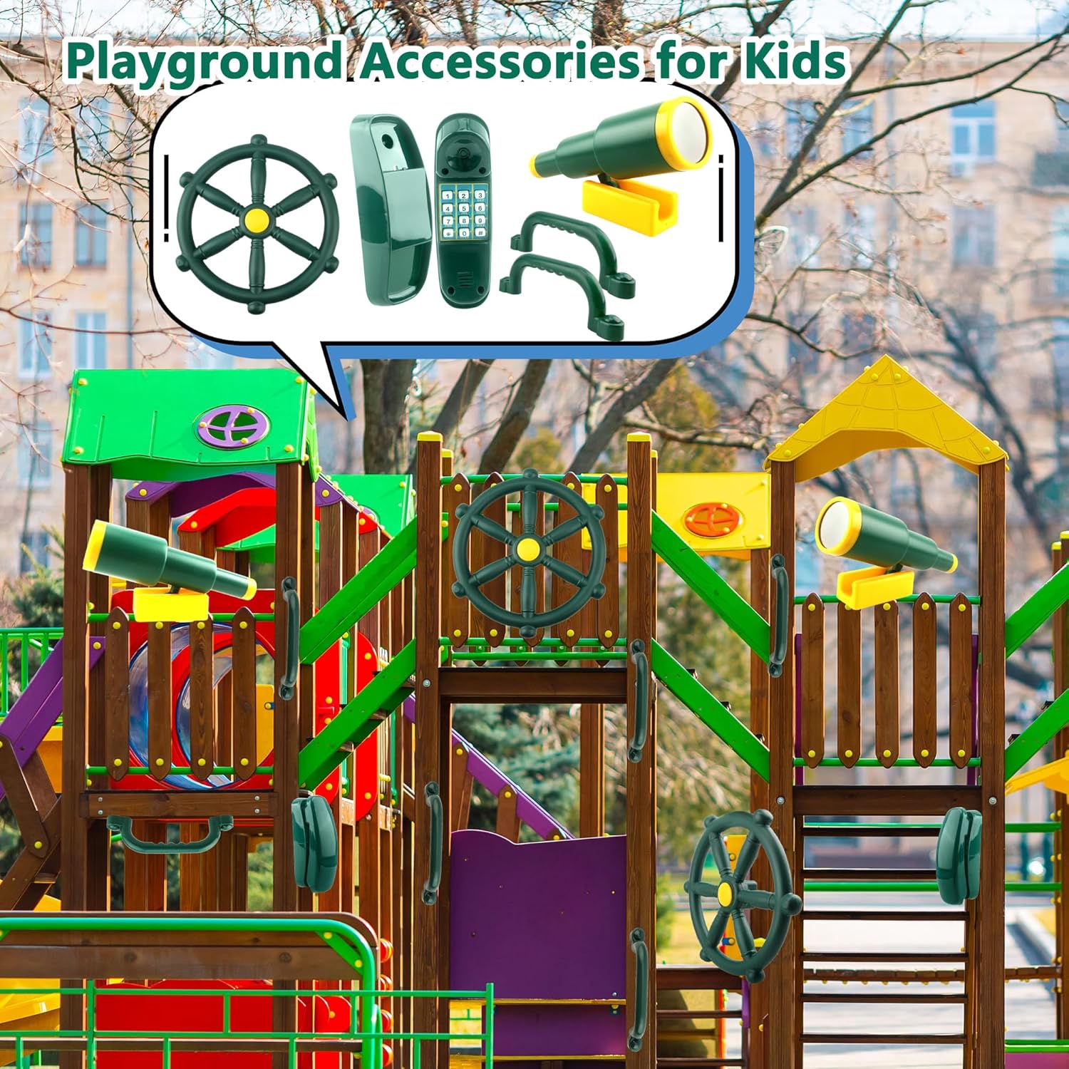 5 Pcs Kids Playground Accessories Outdoor Plastic Steering Wheel Safety Handle Phone Pirate Telescope Telephone for Child Backyard Tree House Playhouse Jungle Gym (Green Set 1)
