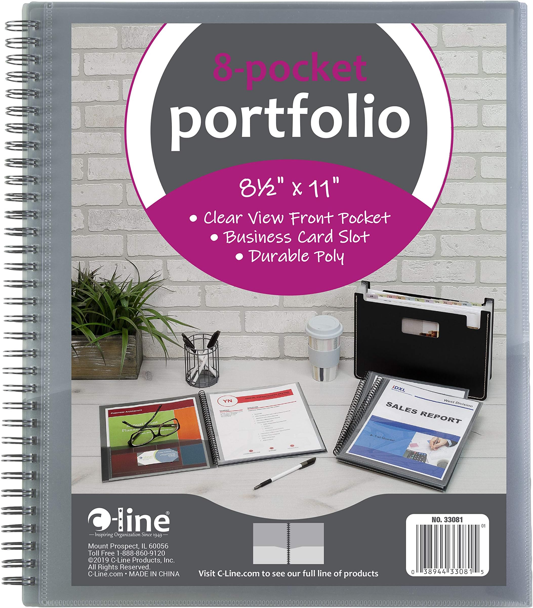 C-Line 8-Pocket Spiral-Bound Poly Portfolio, Letter Size, 1 Portfolio, Smoke Gray (33081)