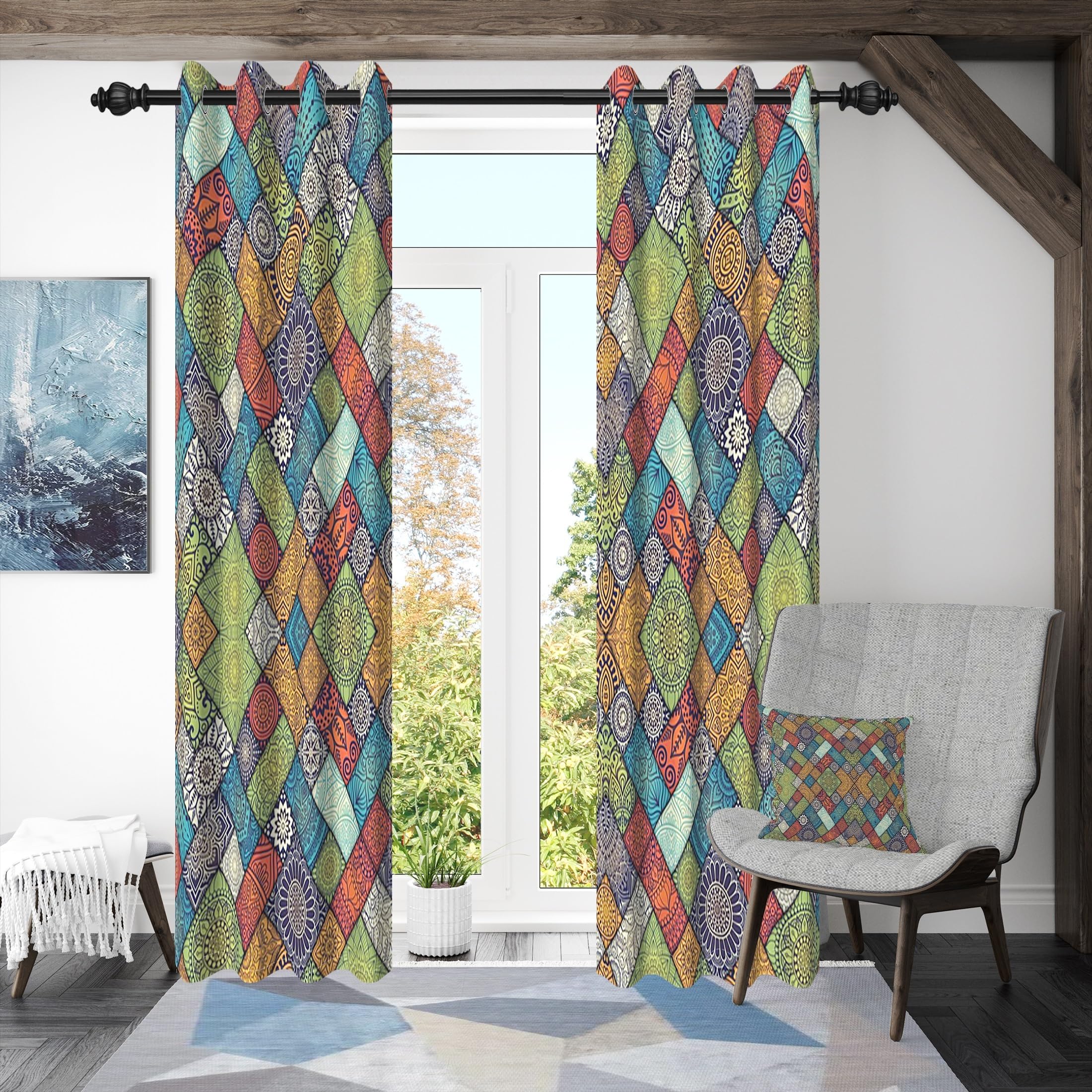 ggaimwf 42"x 63" Boho Patchwork Eyelet Curtain Retro Moroccan Colorful Ethnic Bohemian Mandala Pattern Insulated Thermal Grommet Blackout Window Drapes for Bedroom Living Room Kitchen,2 Panels