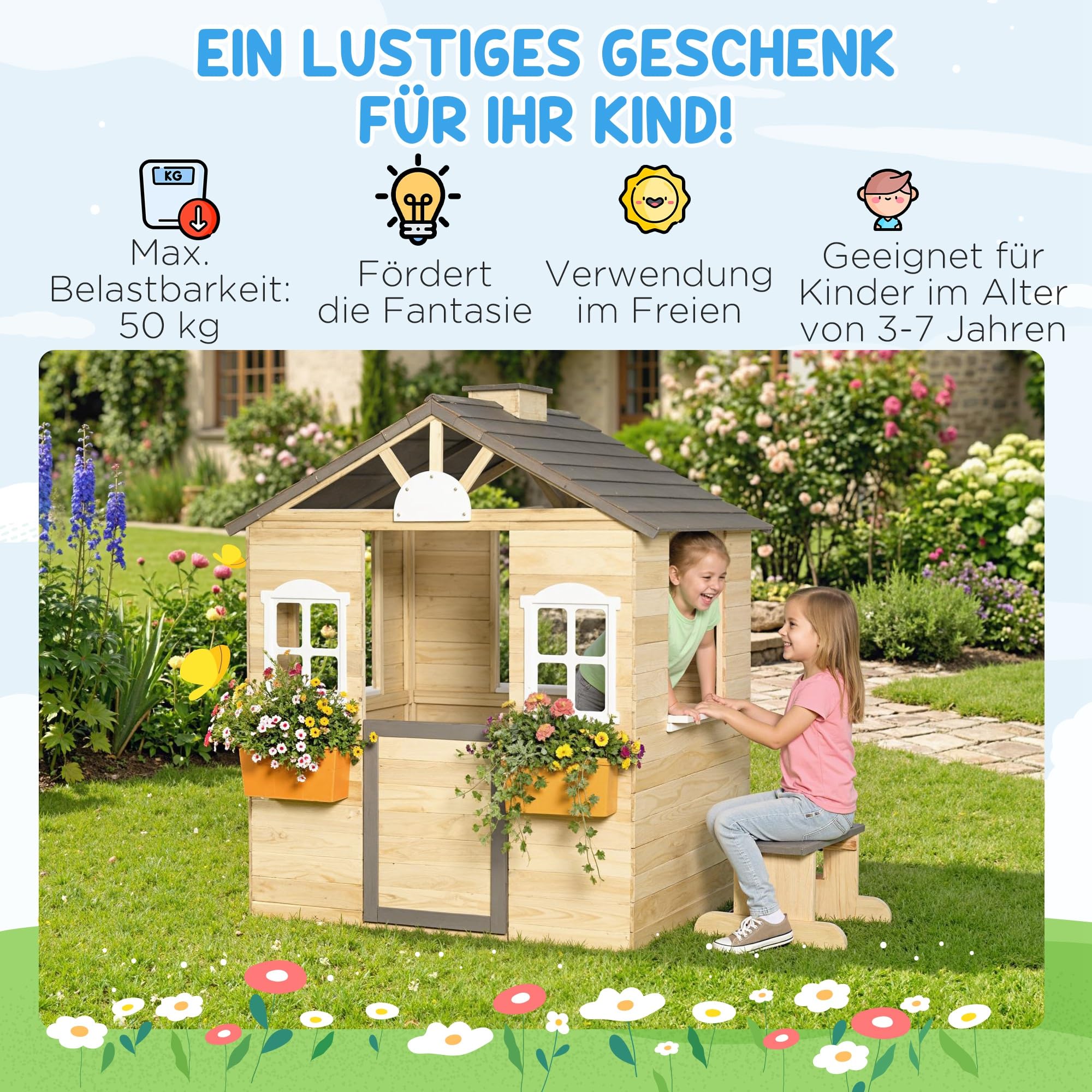 Outsunny Spielhaus Kinderspielhaus aus Holz mit Tür Fenster Briefkasten Blumentopfrack Gartenhaus für Jungen und Mädchen 3-7 Jahre Kinderspielzeug für Outdoor & Indoor Natur