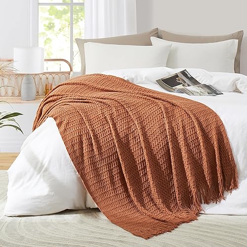 Miniatura 6 de Counfeisly Manta de punto acrílico con motivos de concha marrón, manta de cama suave, ligera y transpirable, para cualquier cama para todas las