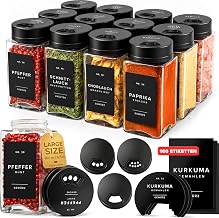 EDELHAUS Spice Jars Square 12 x 200 ml Adjustable Lid Black | 200 ml XL Round with Shaker Lid - 160 Labels Black - Spice Jars, Spice Organiser Drawer, Funnel & Brush