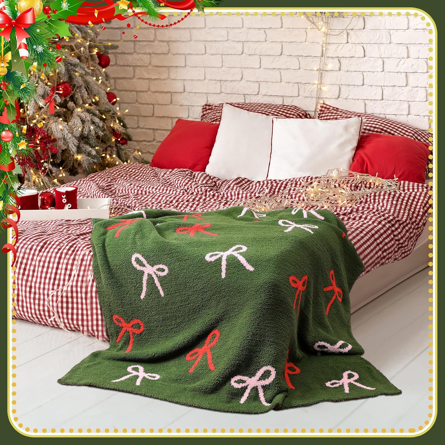 50 x 70 Inch Christmas Coquette Bow Throw Blanket Christmas Coquette Gift for Women Feather Microfiber Xmas Throw Blanket for Xmas Living Room Sofa Bed Decor (Bow,Green)