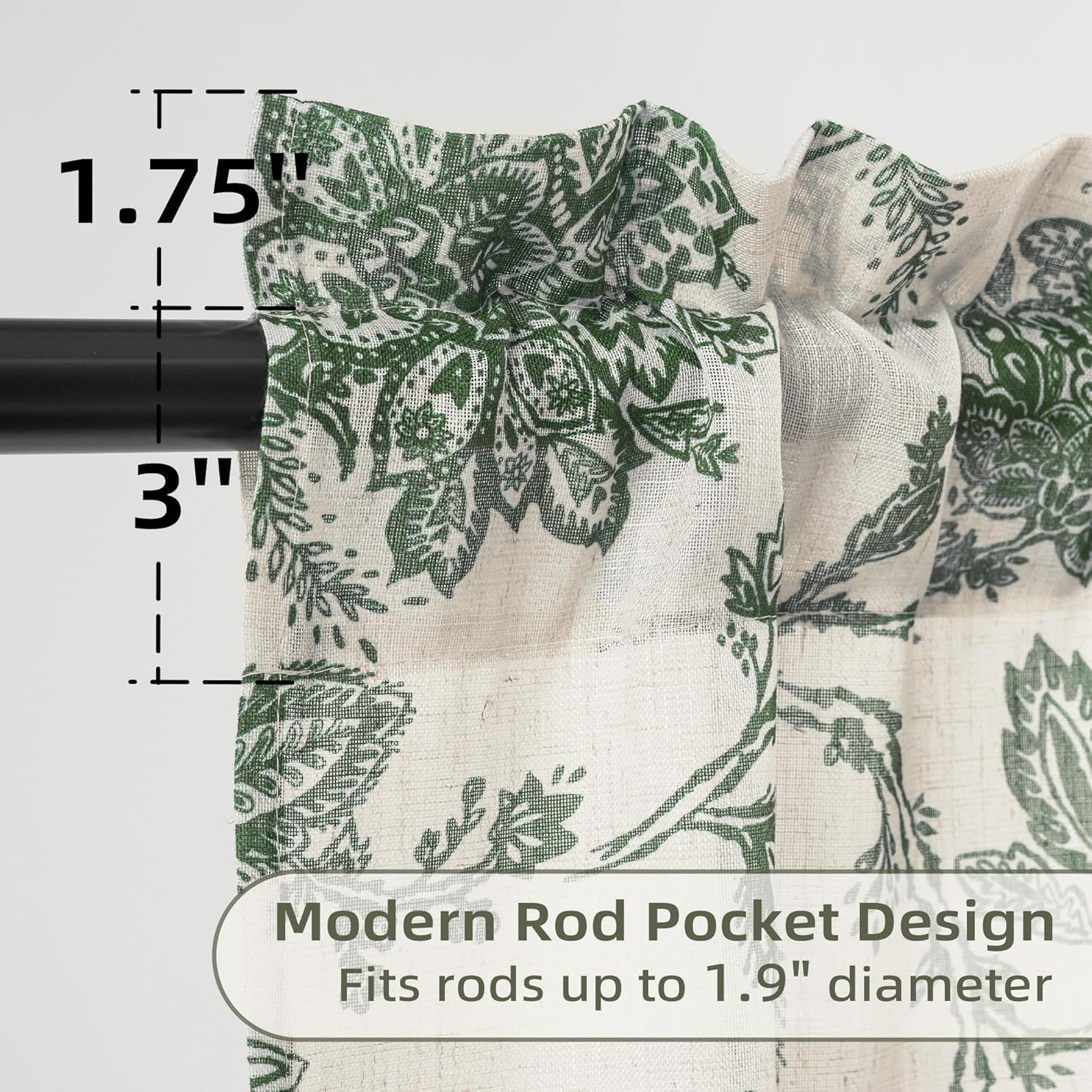 DriftAway Kitchen Curtain Floral Tier Linen Short Floral Paisley Patterned Cafe Curtains 36 Inch Length for Living Room Bathroom Freda Jacobean Farmhouse Country Drapes Rod Pocket 2 Panels Loden Green