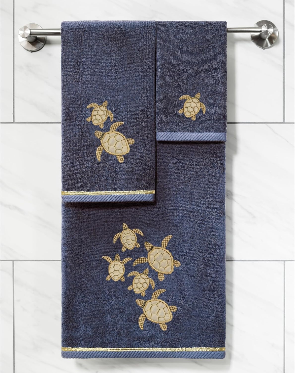 Jewel 2-Piece Bath Towel Set, Metallic Turtle Trim, Superior Turkish Cotton, Super Absorbent, Chic Bathroom Upgrade, 2 Bath Towels, Marine