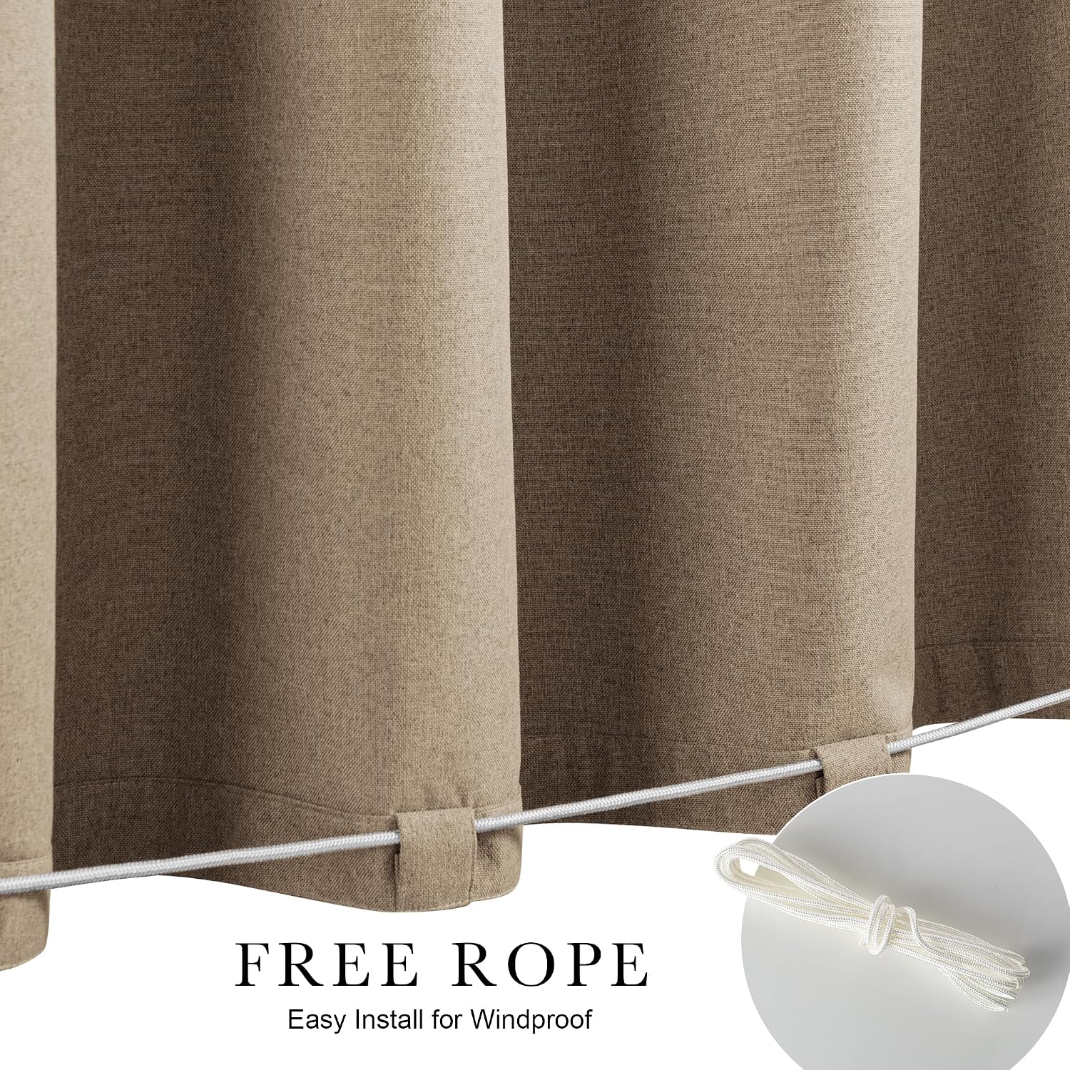 NICETOWN 100% Blackout Linen Outdoor Curtains for Patio Waterproof, Windproof Gazebo Curtains with Sticky-Back Top & Back Tab Bottom, 2 Straps & Rope Included for Porch Pergola, W52 xL96, Taupe