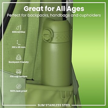 ion8 Çelik içecek şişesi, 600 ml, sızdırmaz, tek elle açılır, güvenli kilitleme, bulaşık makinesinde yıkanabilir, katlanır kapak, taşıma sapı, kolay temizlenir, uzun ömürlü ve çizilmez, haki yeşili