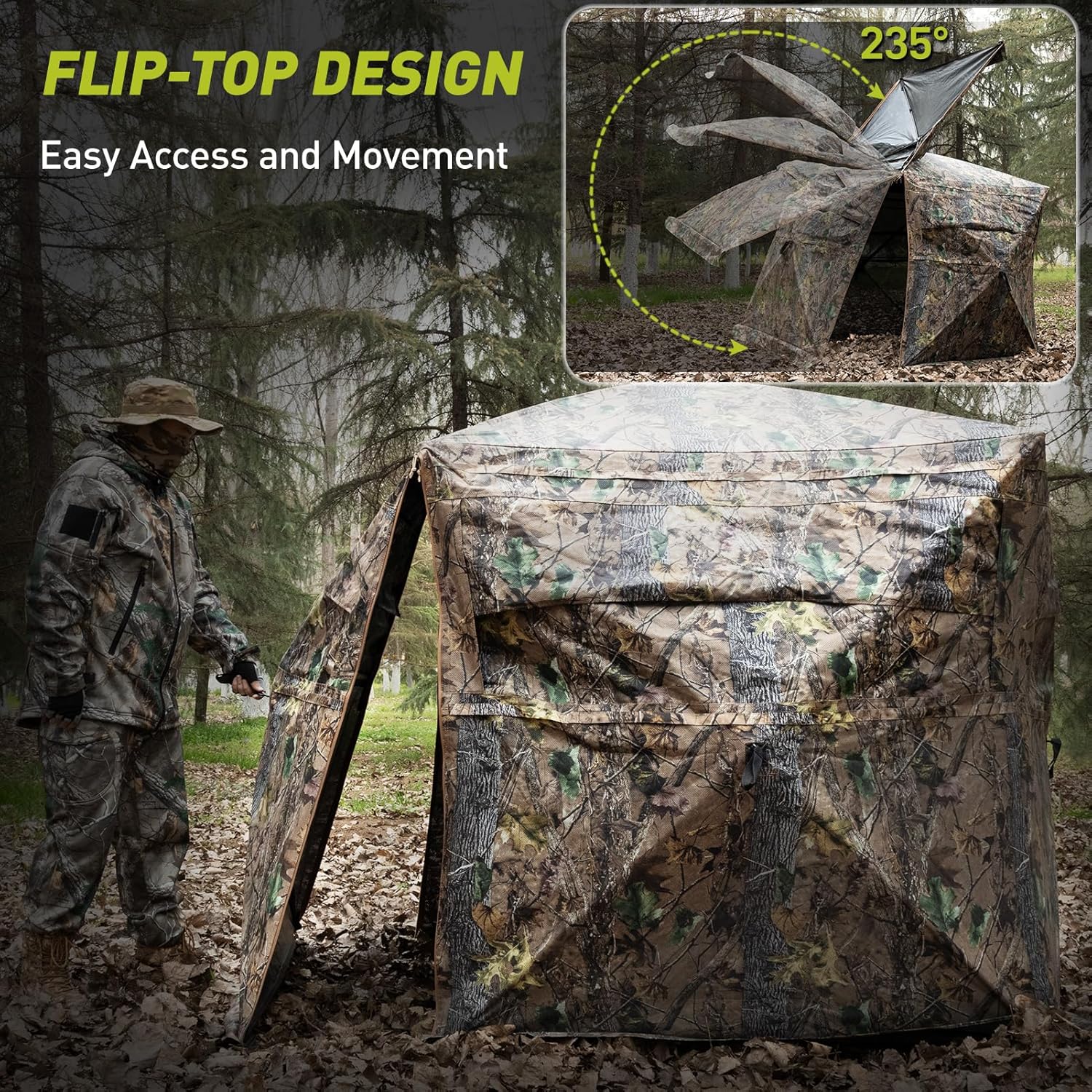 Hunting Blind, 360° See Through Ground Blind for Turkey Hunting, Turkey Ground Blind, Hunting Blind for Turkey & Deer, 2-3 Person Pop Up Portable Camouflage Tent with Carrying Bag