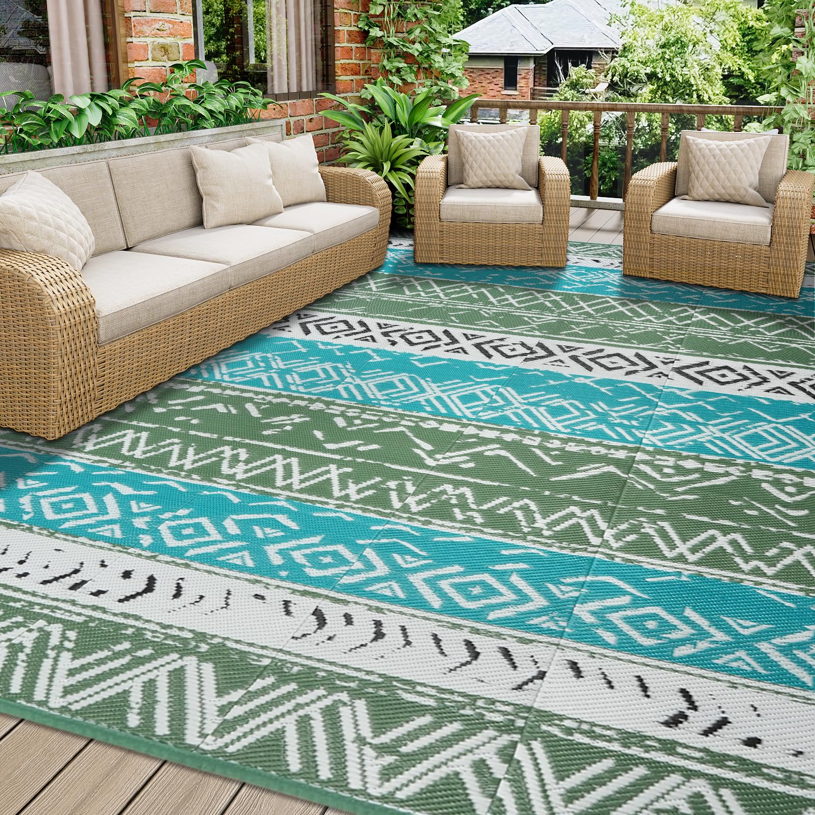 Homcomodar Outdoor Rug for Patios Waterproof Reversible Colorful Garden Rug 180x270cm UV Resistant Camping Mat Outdoor Carpet Plastic Straw Rugs for Patio RV Balcony Beach Backyard Picnic Deck — image 1