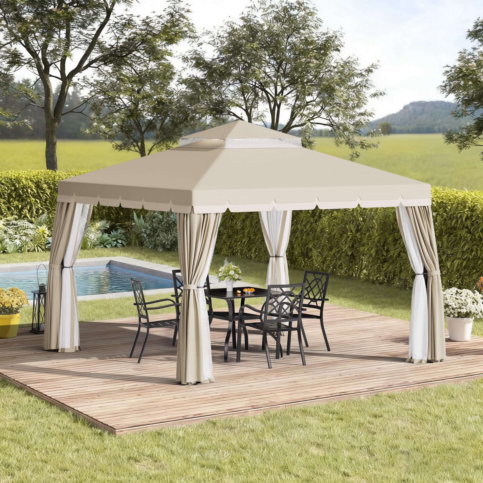 Outdoor Garden Gazebo 10 x 10 FT Patios All-Season Permanent Gazebo with Vented Soft Canopy and Mosquito Netting
