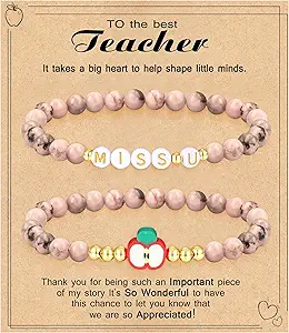 Teacher Appreciation Gifts for Women,Teacher Must Haves Initial Bracelet Mrs Miss End of Year Teacher Gifts Thank You for Helping Me Grow Music Math Science Teachers Bracelets Retirement 2 Set Jewelry