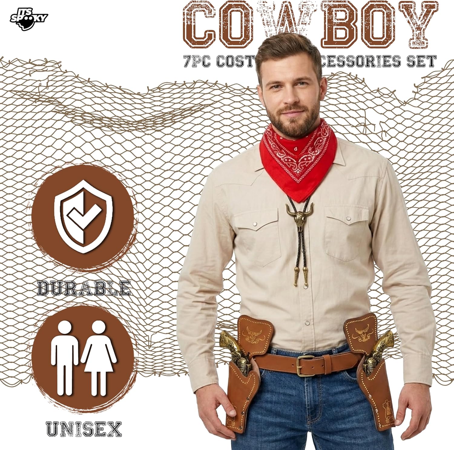 7Pc's Cowboy Costume Set for Adults & Teens – 2 Toy Prop with Dual Holsters, Belt, Bull Necklace & Bandana | Western Cowboy Dress-Up Accessories for Halloween, Role Play & Theme Parties